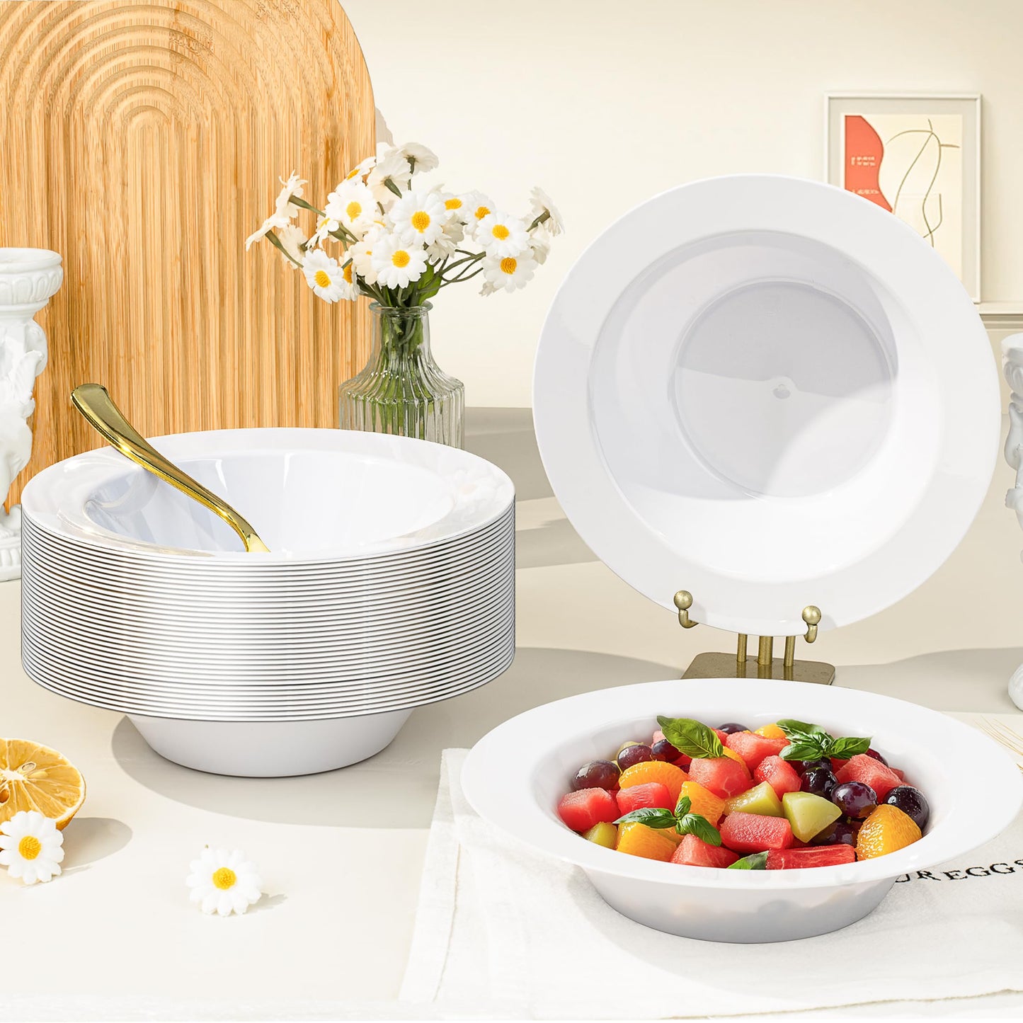 BESTVIP 100 Pack 12 oz White Plastic Bowls, Disposable Soup Bowls, Heavy-duty Dessert Salad Bowl for Christmas, Party, Wedding, Dinner, Catering