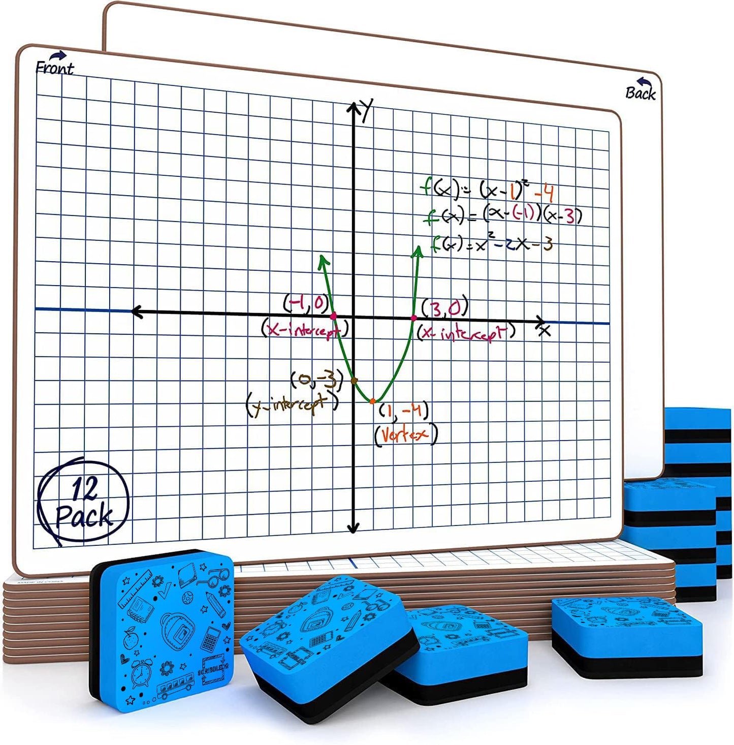 Dry Erase XY Axis Graph Lap Boards 9”X12” for Student and Classroom Use, Math whiteboards (Double Sided White Boards) Erasers Included (12 Pack Graph)