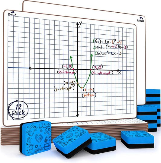 Dry Erase XY Axis Graph Lap Boards 9”X12” for Student and Classroom Use, Math whiteboards (Double Sided White Boards) Erasers Included (12 Pack Graph)
