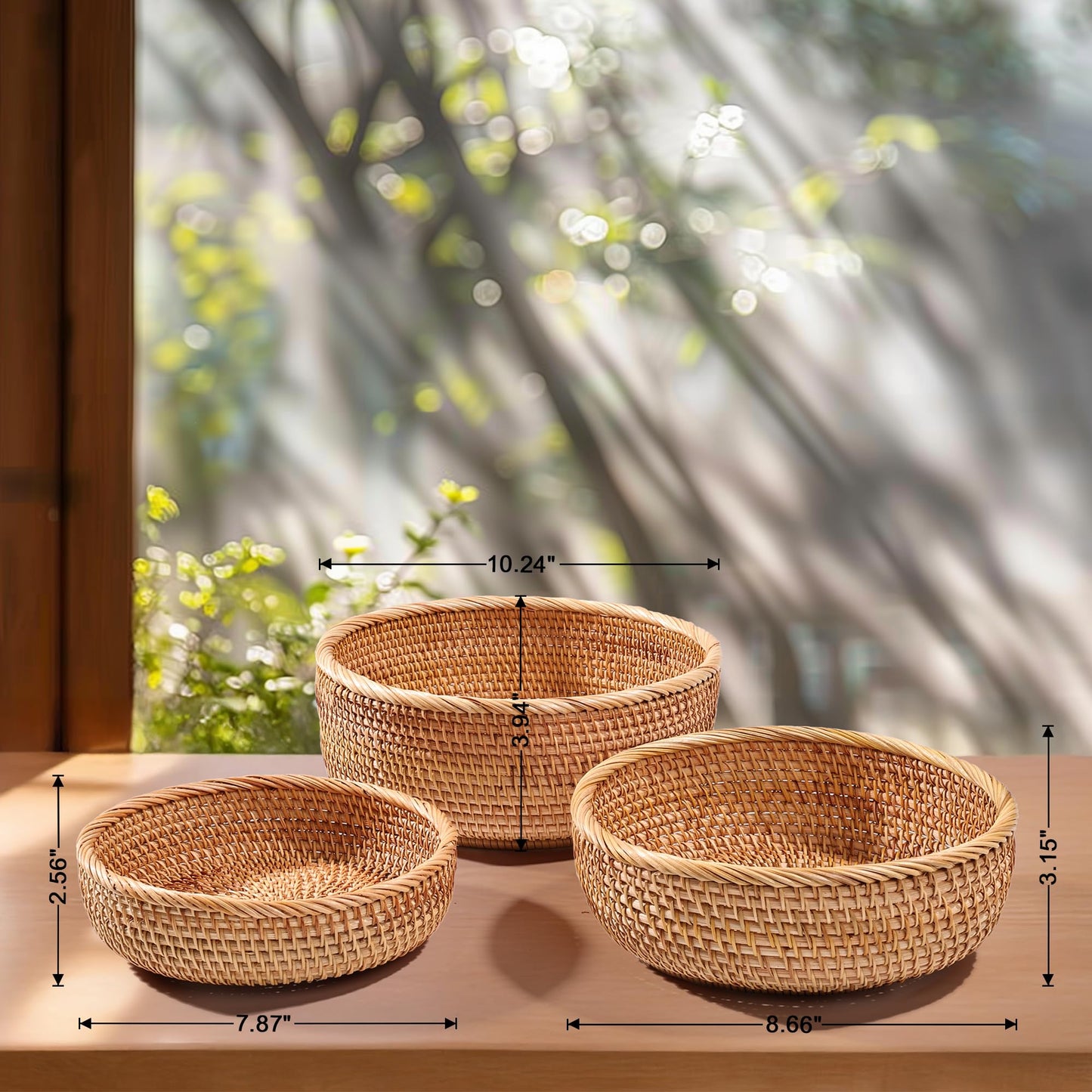 XALVYNQ Honey Brown Natural Rattan Bread Basket Set of 3 - Handwoven Round Wicker Serving Bowls for Fruit, Snacks, Kitchen Counter Organizing | Stackable Farmhouse Decor