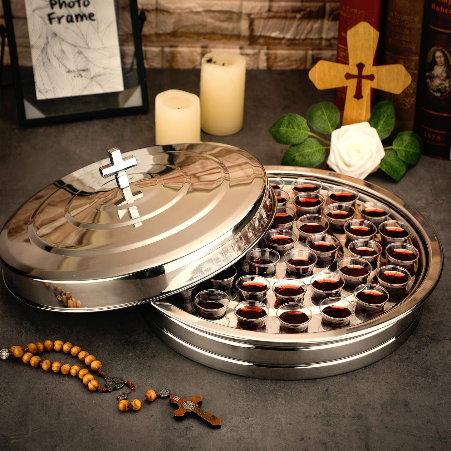 Jingmore Holy Communion Tray for Churches with Lid Communion Set Stainless Steel Cup Tray with Cover Church Supplies Not Cups Included(Silver Color)