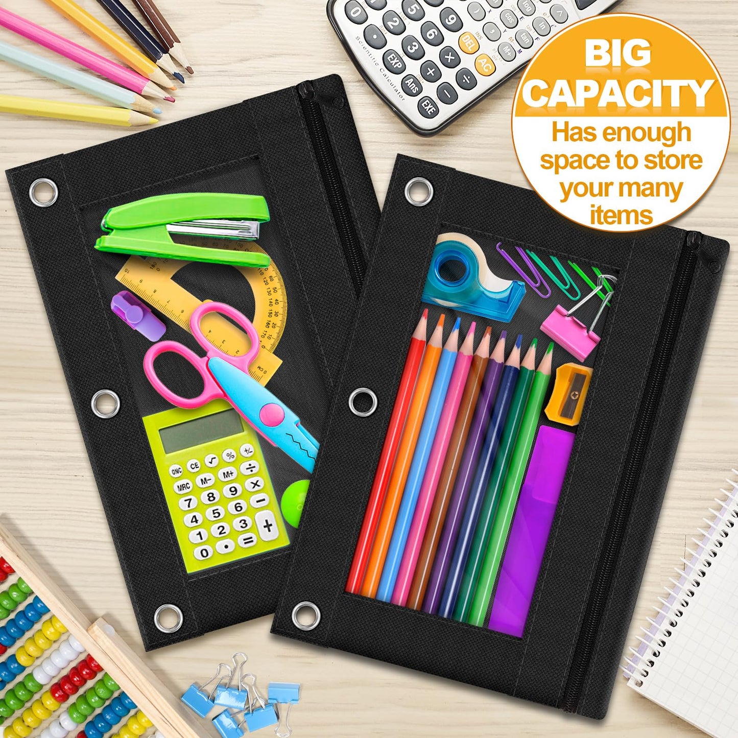 Officygnet Pencil Pouch for 3 Ring Binder, 36 Pack Bulk Black 3-Hole Zipper Pencil Pouches with Clear Window, Sturdy and Durable Cloth Pencil Case for School Office College Supplies