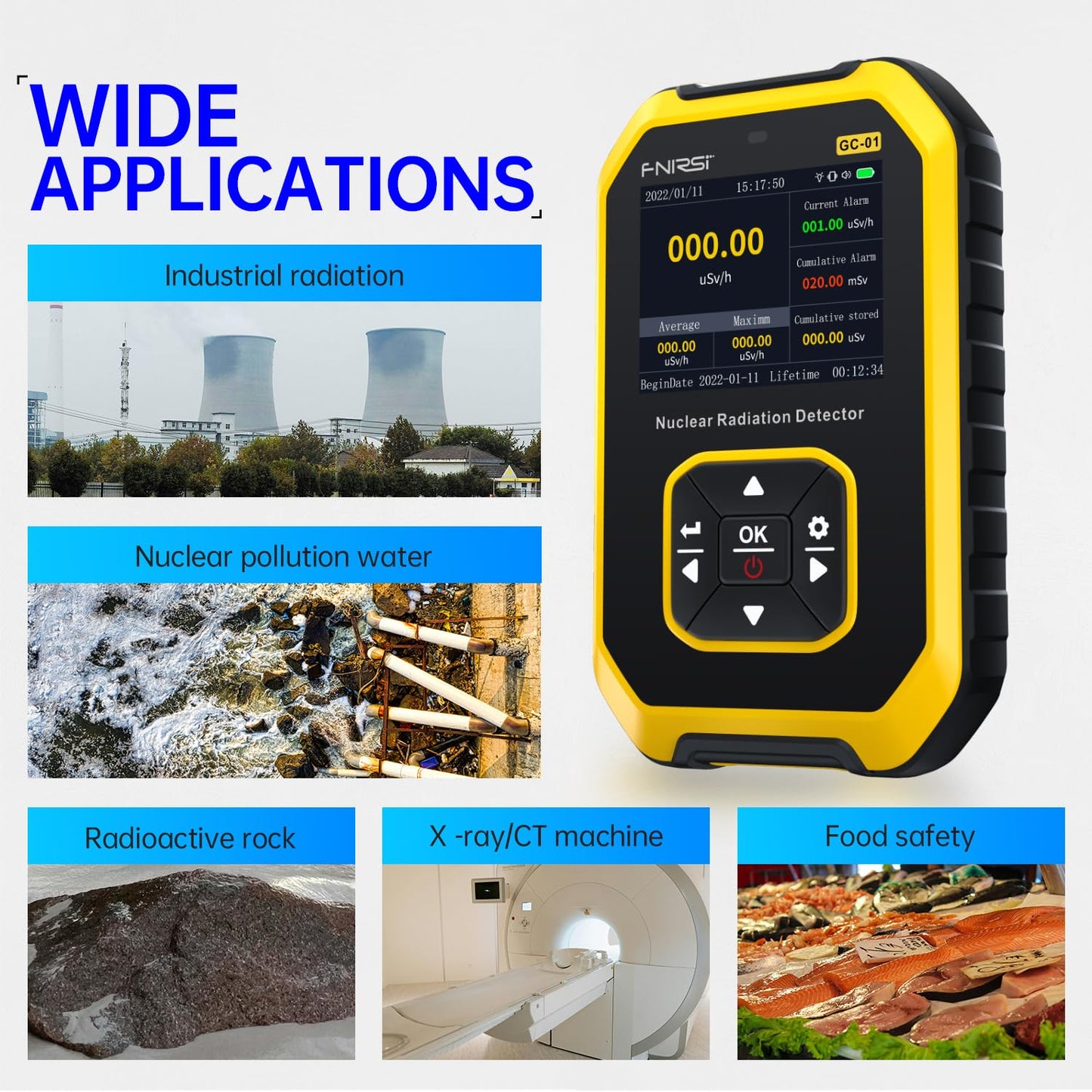 Geiger Counter Nuclear Radiation Detector - FNIRSI Radiation Dosimeter with LCD Display, Portable Handheld Beta Gamma X-ray Rechargeable Radiation Monitor Meter, 5 Dosage Units Switched