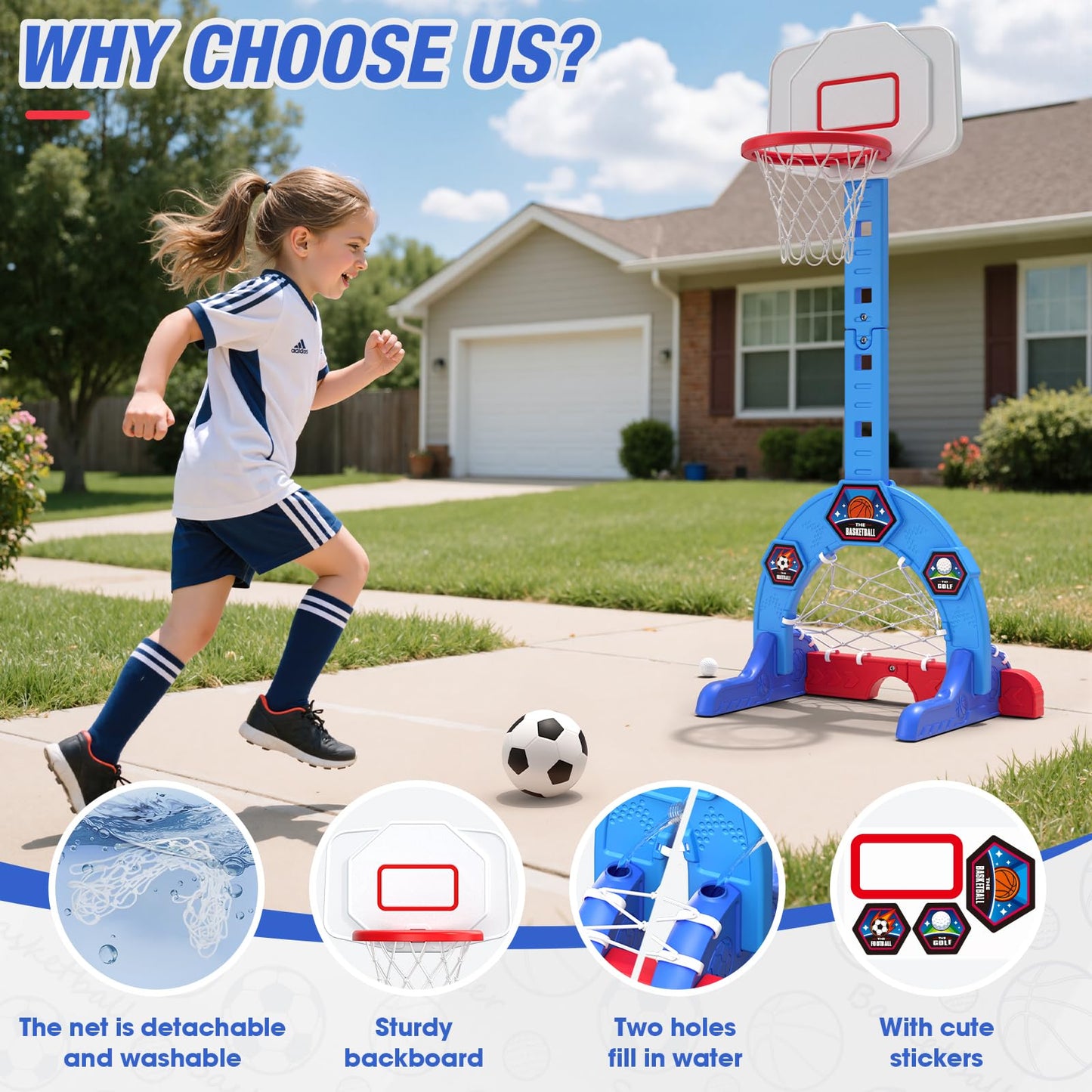 HYES Toddler Basketball Hoop, 3-in-1 Sports Activity Center with Soccer Goal, Golf Game, 5 Height Adjustable Kids Basketball Hoop, Indoor Outdoor Playset Toys Gifts for Boys Girls 3-5, Blue