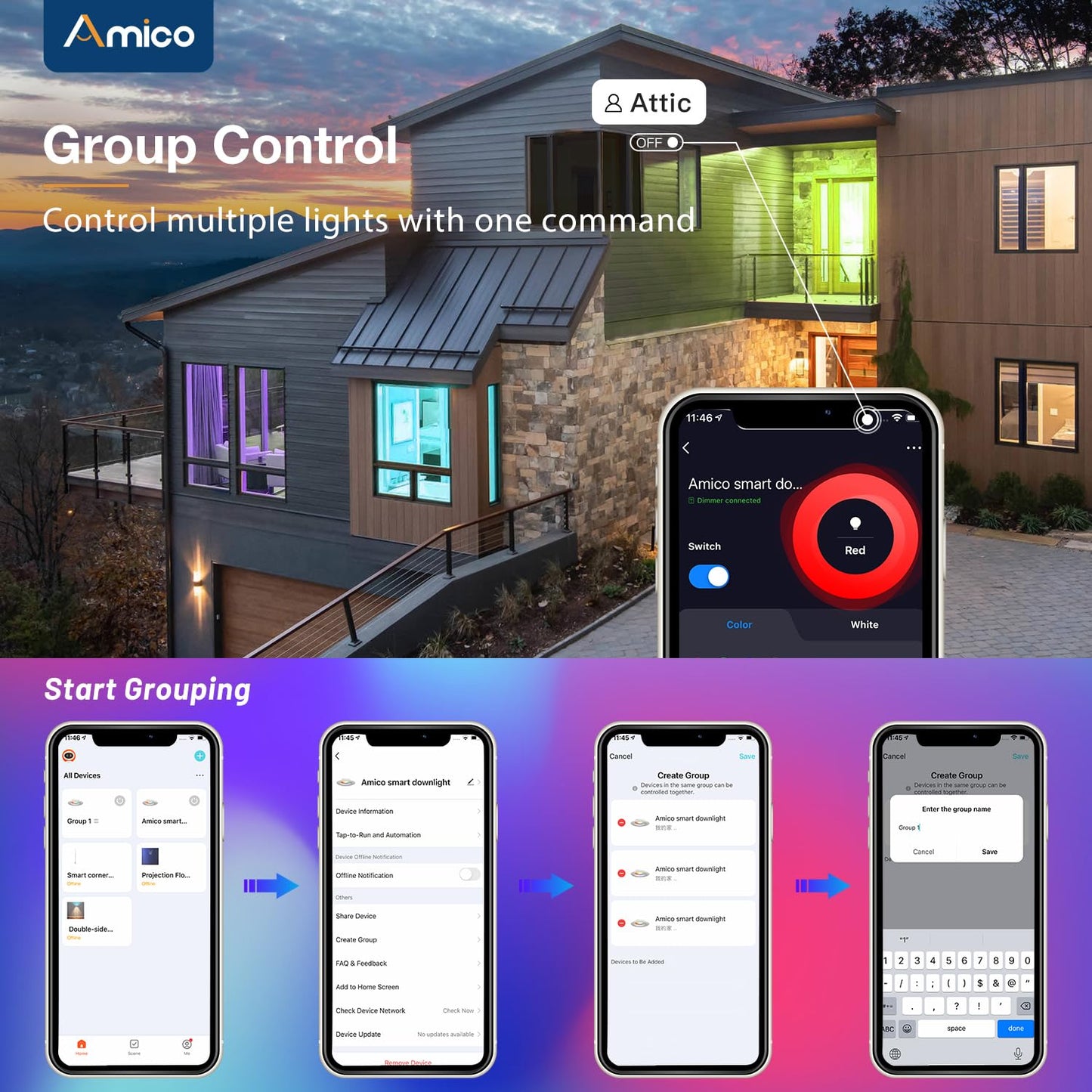 Amico 6 Pack 5/6 Inch Smart WiFi LED Recessed Can Lights, RGBCW Color Changing Retrofit Recessed Lighting, Baffle Trim, APP Control, Dimmer Compatible, 12W=110W 1100LM, IC & ETL