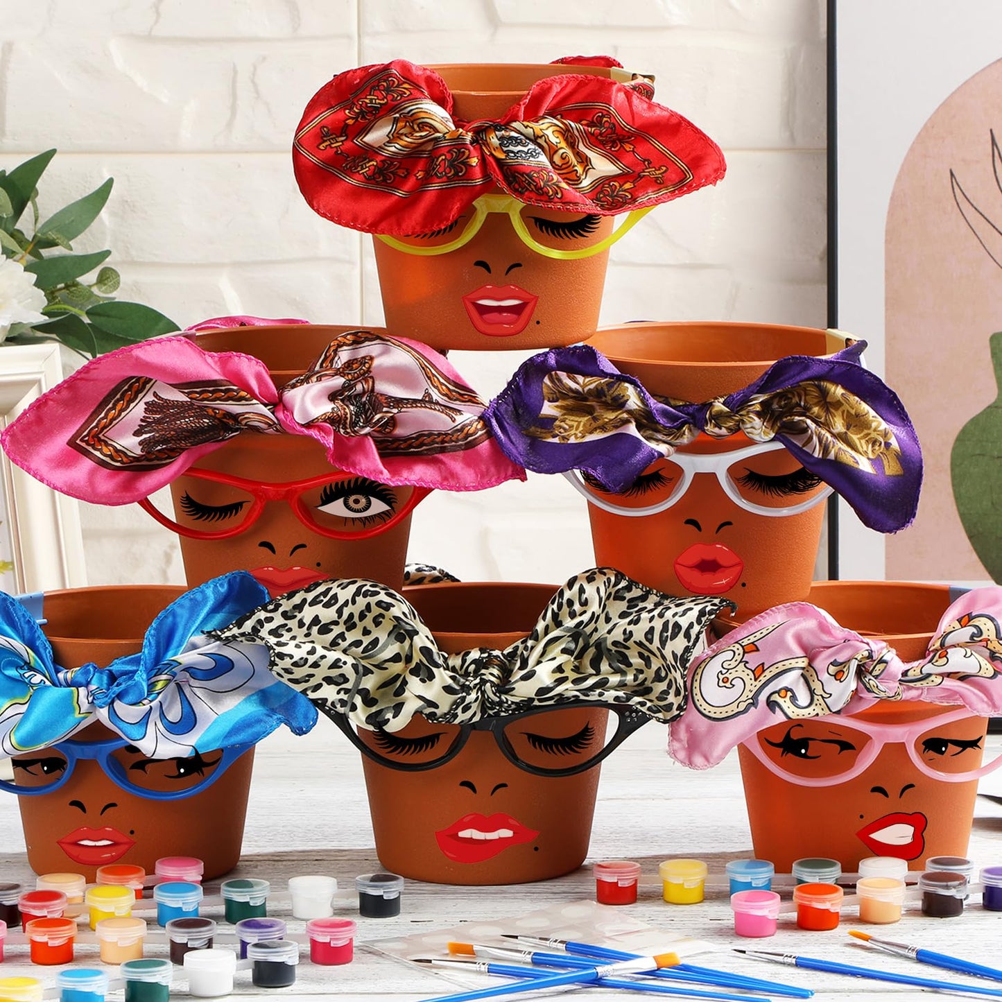 Sliner 6 Set Funny Flower Pot Kit Cute Flower Growing Making Kit Soul Sister Face Head Planter Set Include 5.5" Plastic Plant Pots Glasses Silk Scarf Acrylic Paint for Art Painting DIY Crafts