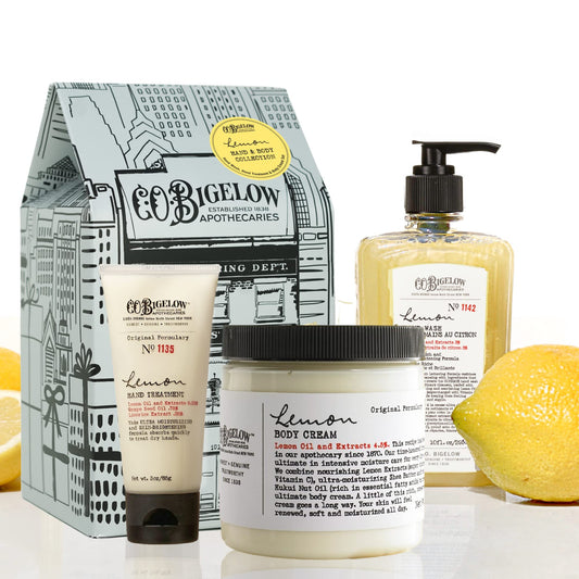 C.O. Bigelow Apothecary Trio, Lemon Hand and Body Care Gift Set of Three (3), Lemon Soap 10fl oz., Body Cream 8 oz., and Hand Treatment, 3oz., Gift Box of Moisturizing Skin Care