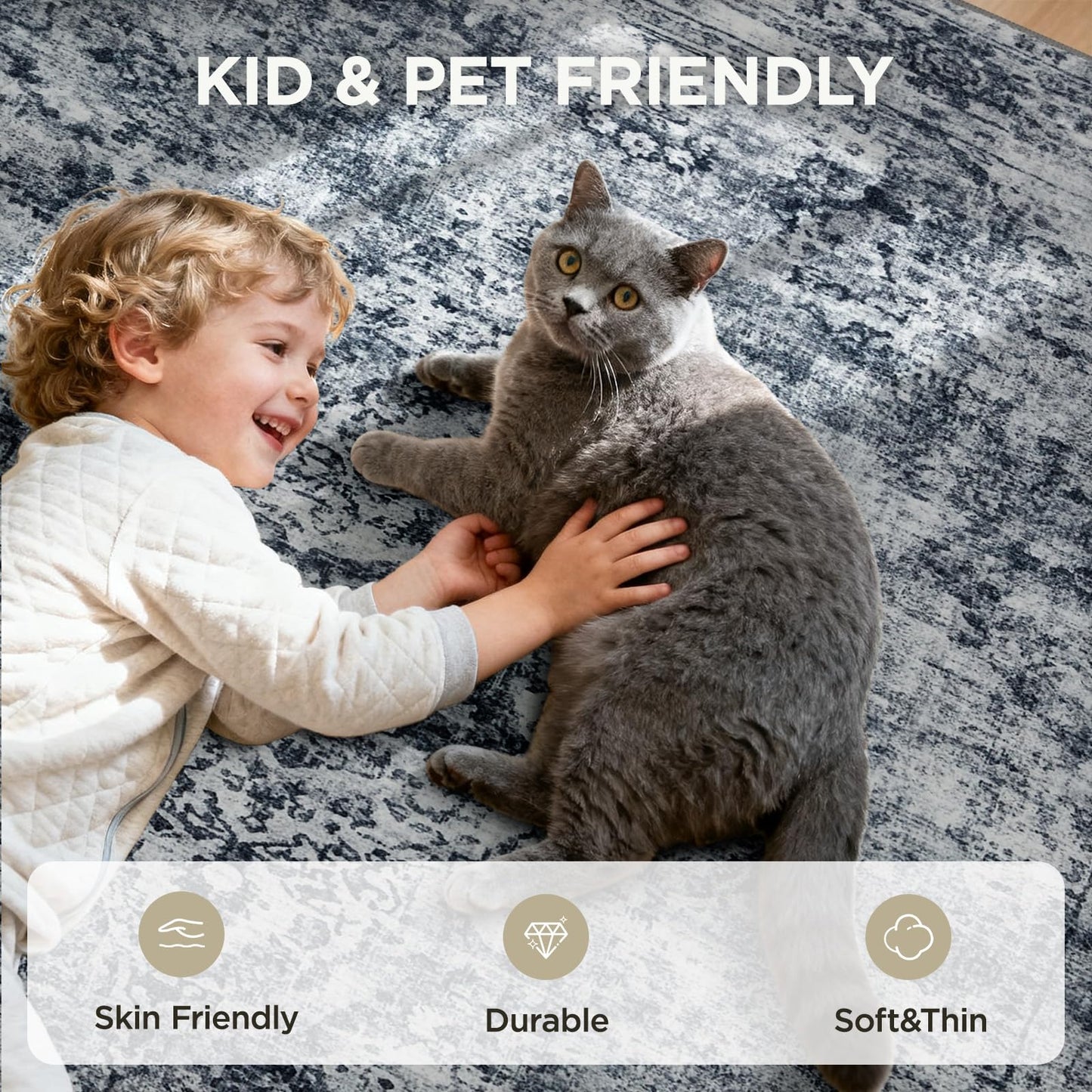 Joydeco 5x7 Area Rugs for Living Room, Machine Washable Vintage Area Rugs, Low Pile Non Slip Carpet, Lightweight Chenille Print Rug for Bedroom, Dining Room, Home Office, Light Grey
