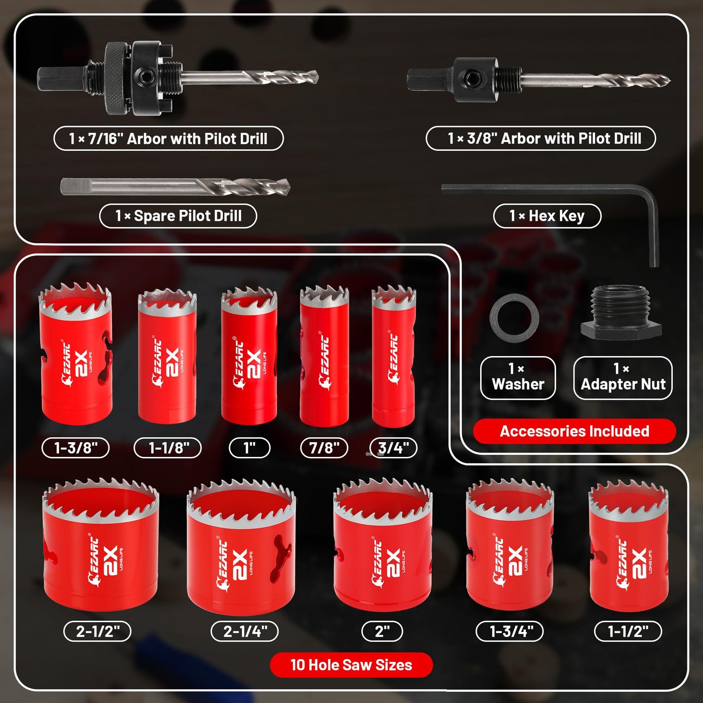 EZARC Hole Saw Kit, 16Pcs Bi-Metal Hole Saw Set with 3/4"-2-1/2"(19-64mm), Mandrels, Drill Bits, Installation Plate, Hex Key with Storage Case, Ideal for Wood, Metal, Plywood, PVC Board