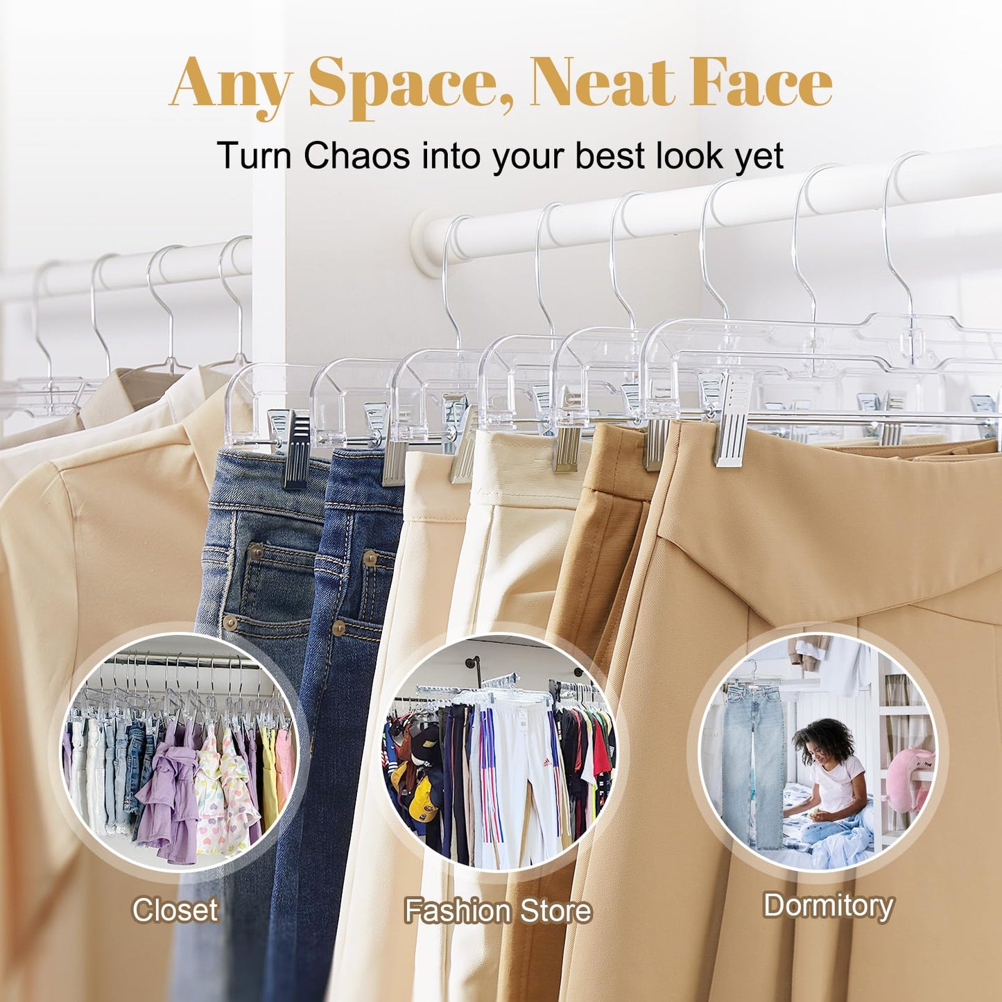 HOUSE DAY 50 Pack Skirt Hangers Pant Hangers with Clips, Clear Plastic Hangers for Pants, Skirts, Shorts, Versatile Use Clip Hanger, Retail Hanger