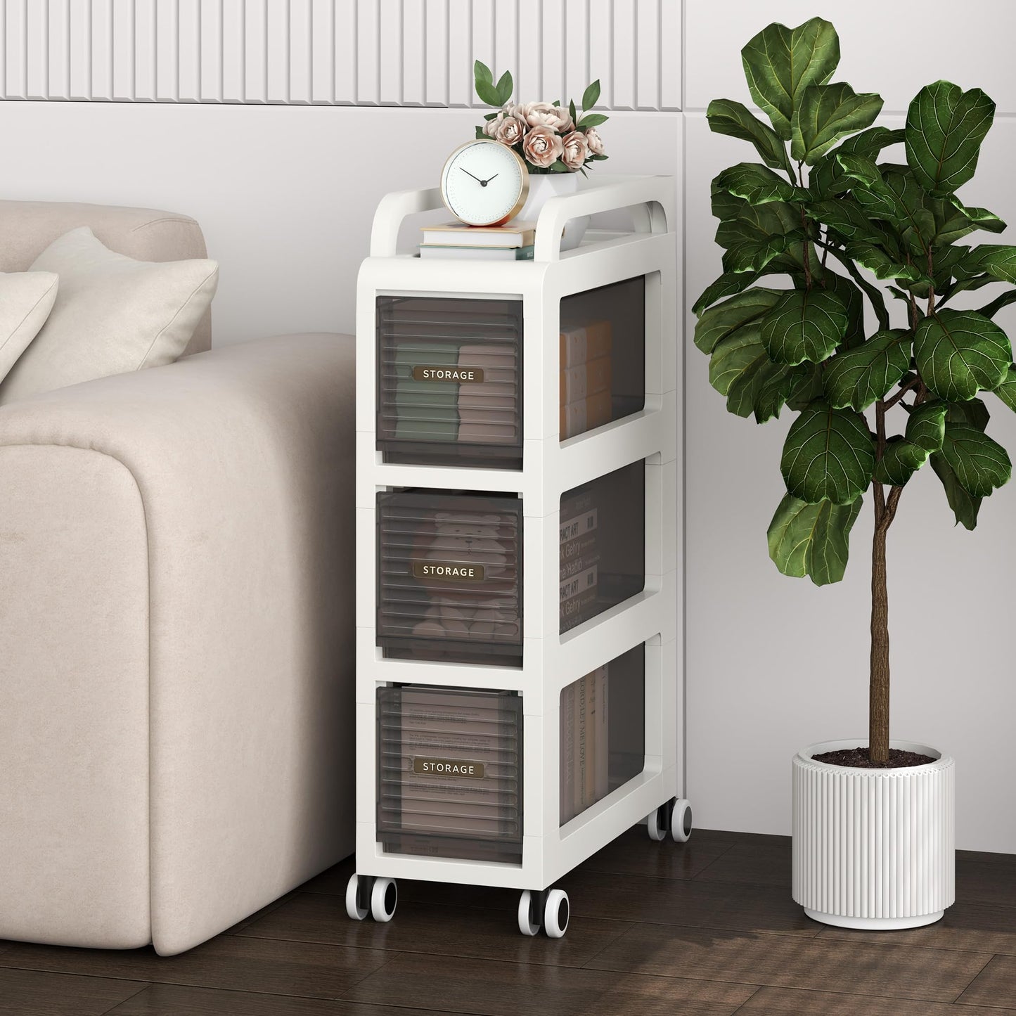 ZHYOCOGY Bathroom Storage with Drawers, 7.87" Wide Slim Storage Cabinet with Wheels for Small Spaces, Narraw Cart for Kitchen Office Bedroom Dinning Room Under Desk, 26" Tall