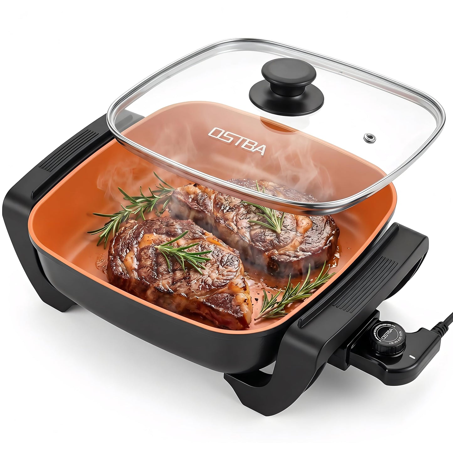 OSTBA 12"x12" Electric Skillet with Glass Lid, 5.2QT Large Nonstick Frying Pan for Family Meals, 1500W Fast Heating, 5-Level Adjustable Temperature Control, PFOA Free, Easy to Clean