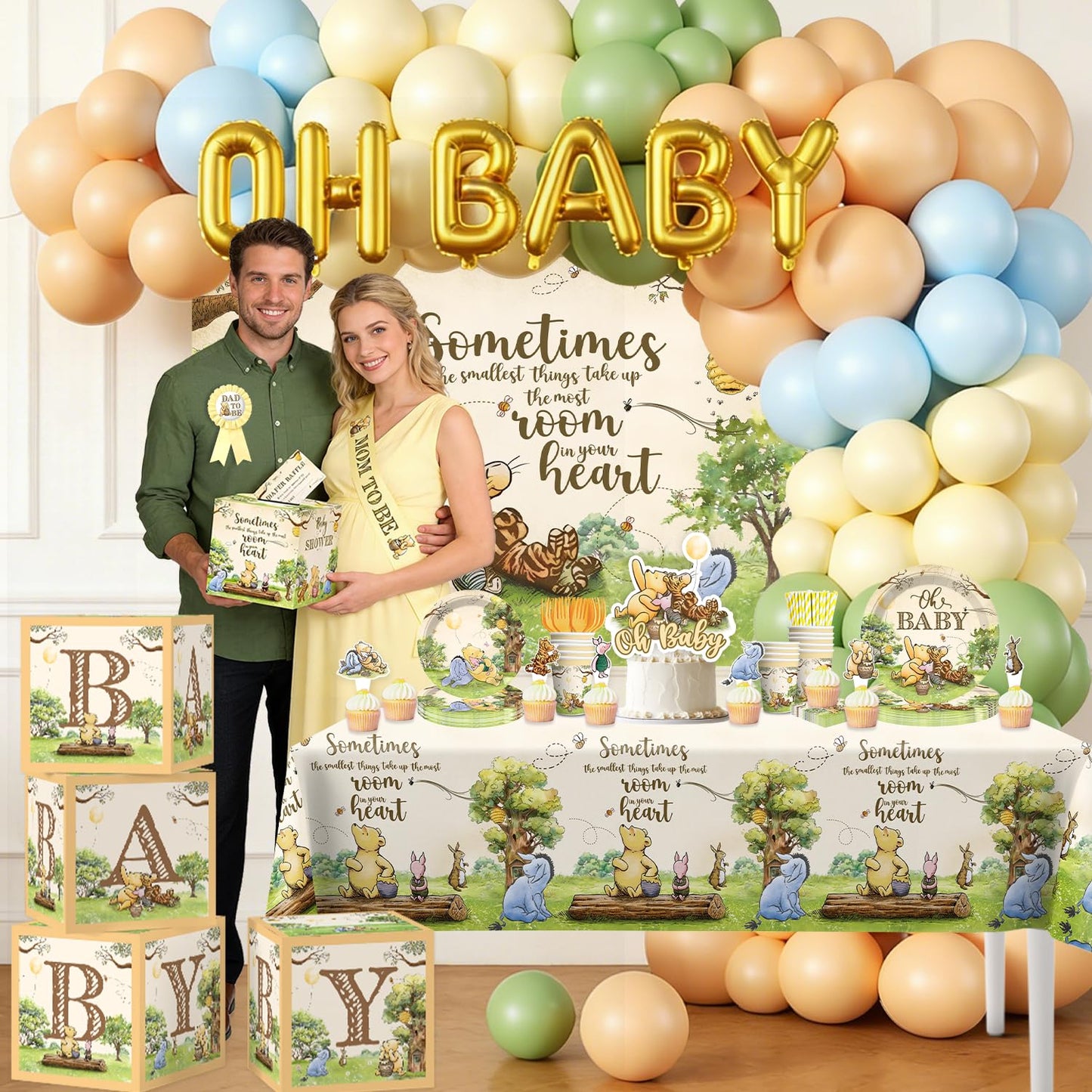 336pcs Classic Bear Baby Shower Decorations, Neutral All-in-one Complete Party Set with 25pcs Plates, 2 Tablecloths, Backdrop Cake Cupcake Topper for Bear Party Decor, 25 Guests