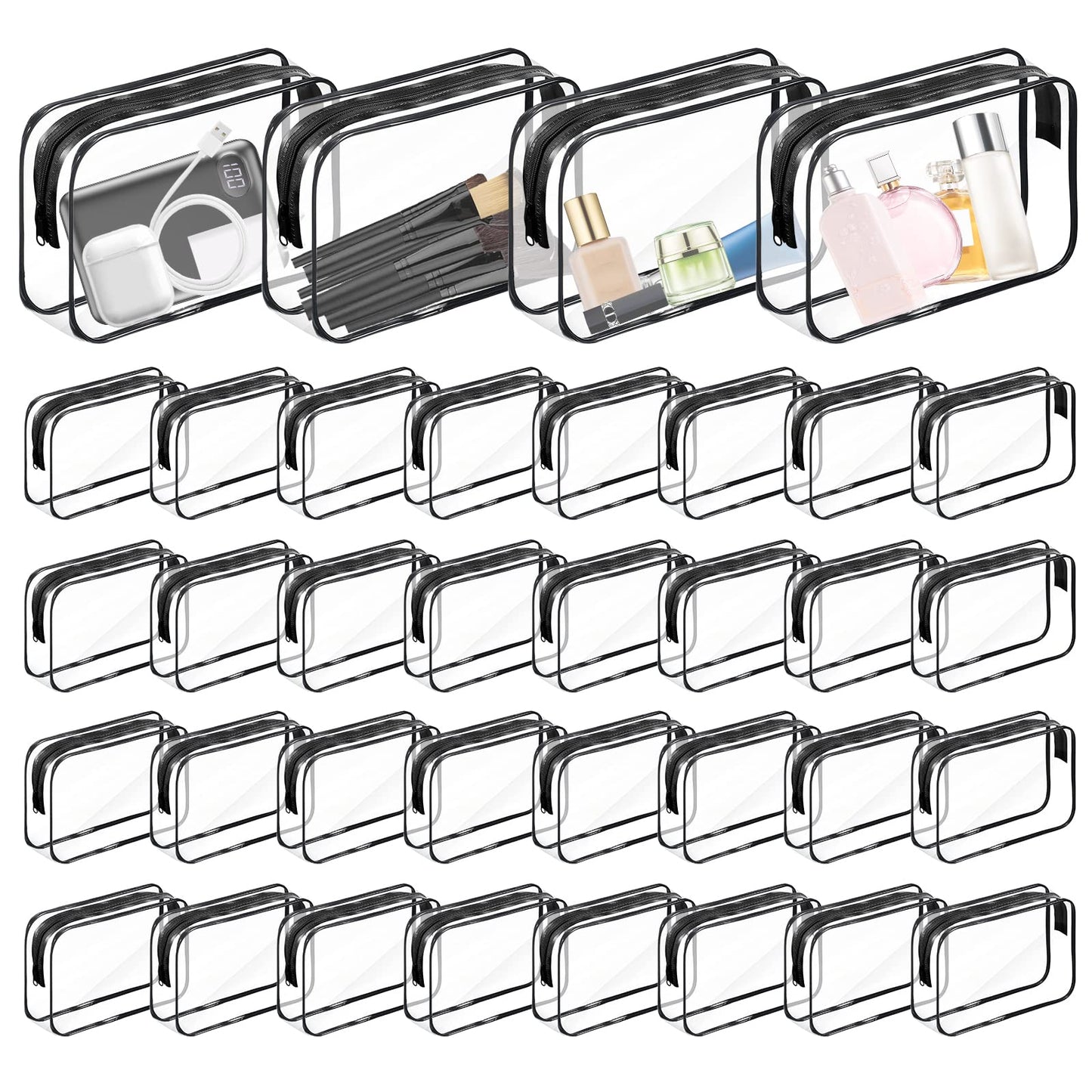 Merkaunis 36PCS Clear Makeup Bags Bulk Cosmetics Bags Plastic Travel Bags Toiletry Bags With Zipper Waterproof Portable Bags for Travel, Women, Men, Bathroom Organizing, Black
