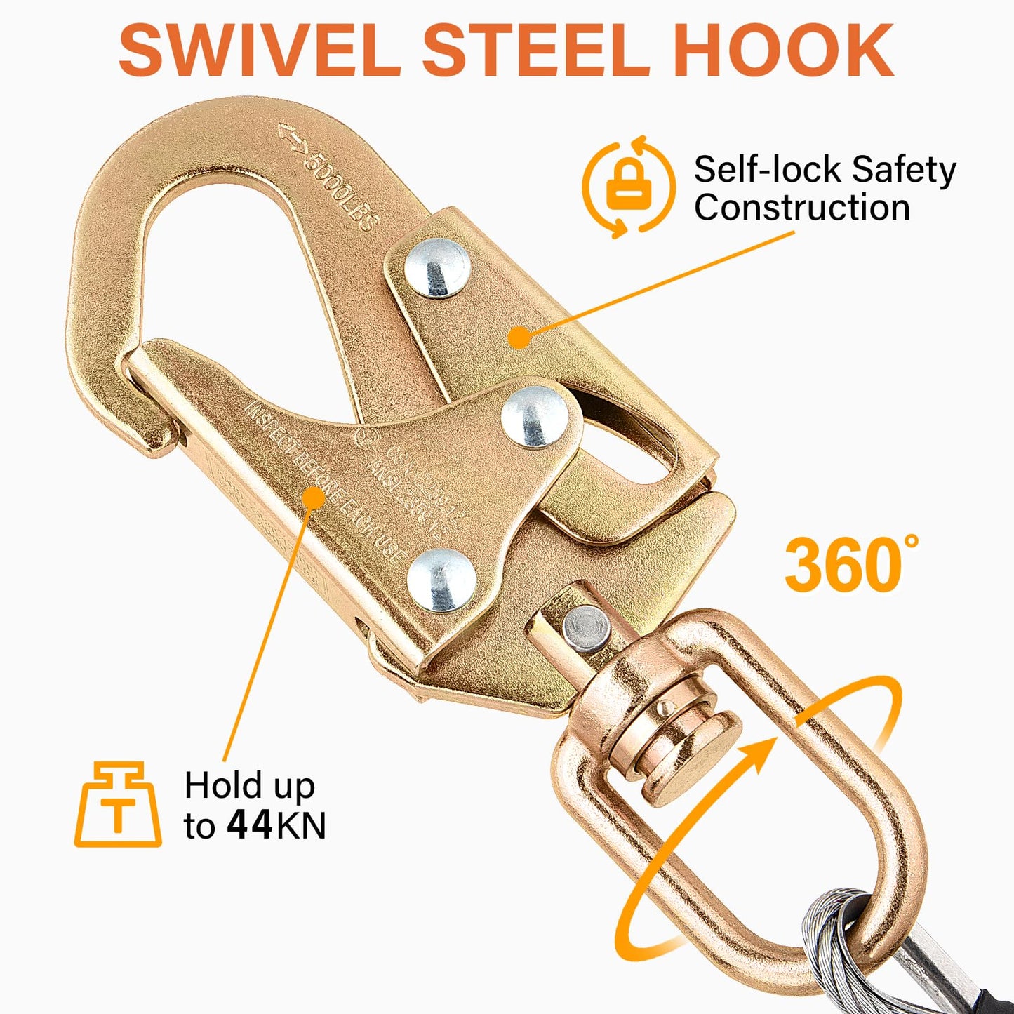 TRSMIMA Steel Wire Core Flipline - 8ft Fall Protection Arborist Climbing Tree 1/2" Galvanized Cable Lanyard Kit With Swivel Snap Hook Triple Lock Carabiner Rope Grab Adjuster