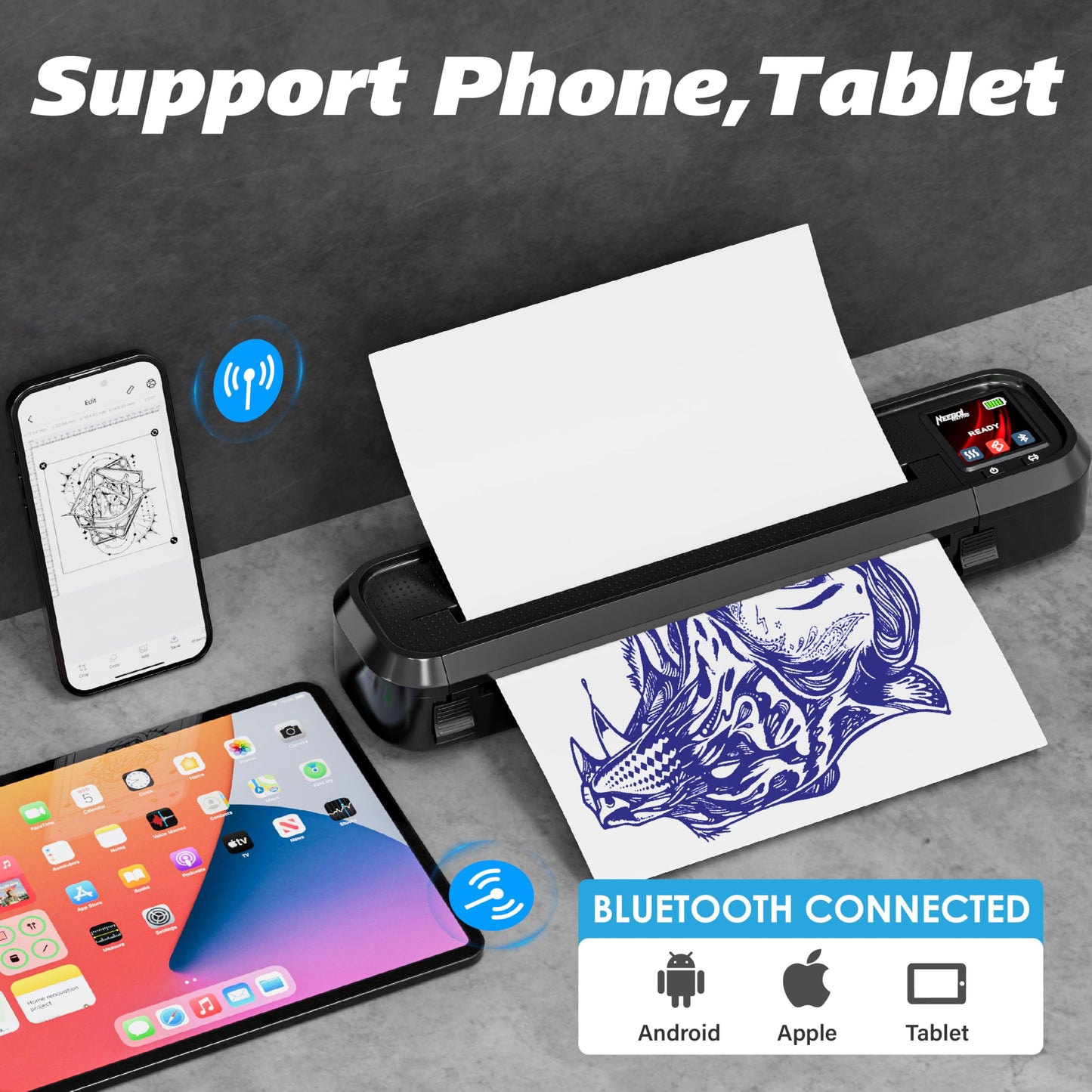 Neebol Tattoo Stencil Printer with LED Screen, Wireless Tattoo Printer Machine, 10pcs Stencil Paper, Bluetooth Portable Tattoo Machine for Artists & Beginners, Compatible with Smartphone & PC
