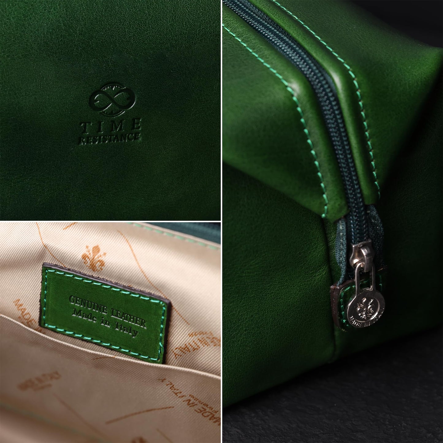 Time Resistance Leather Toiletry Bag - Italian Cosmetic Case Dopp Kit (Green)