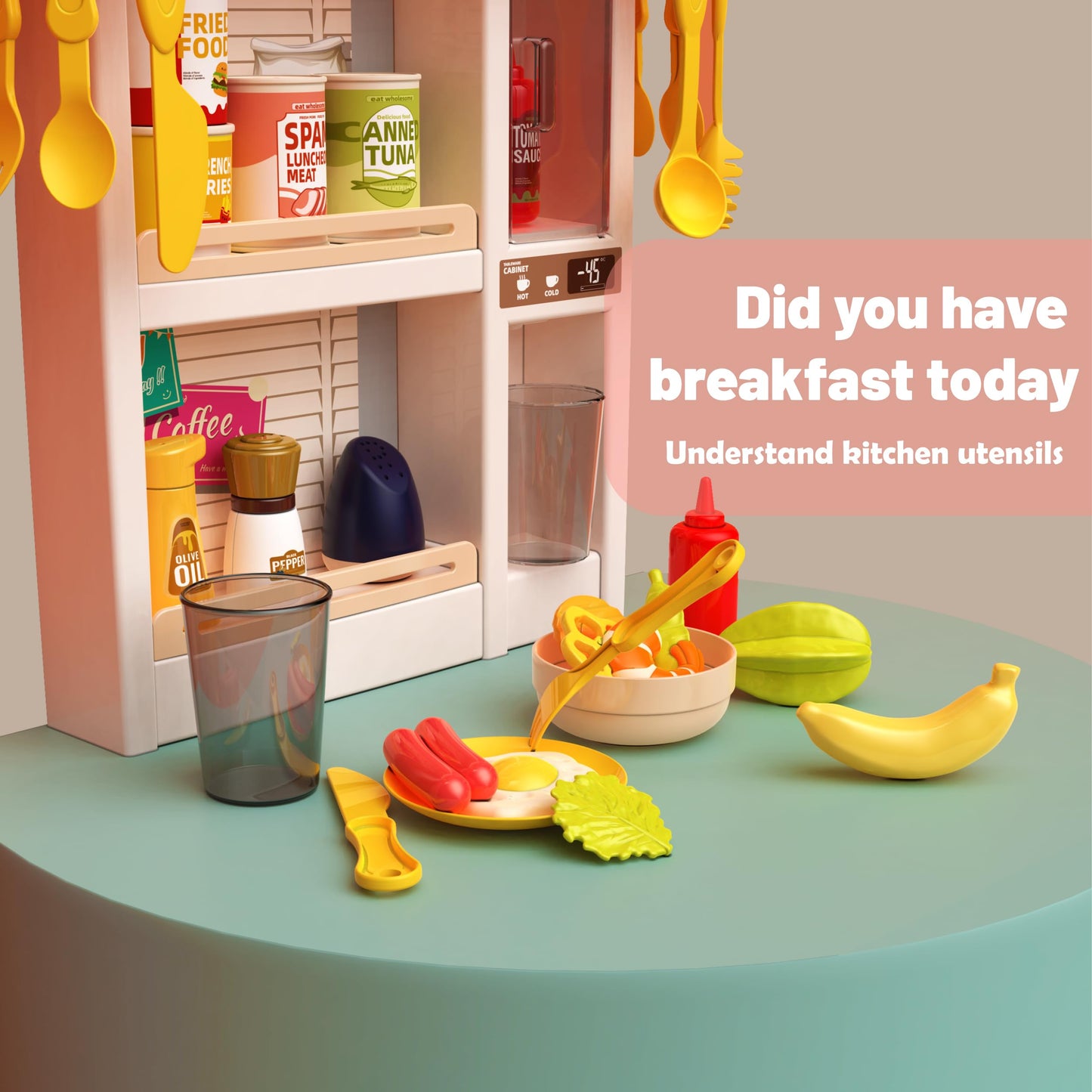 Kids Kitchen Play Set，Interactive Kids Kitchen Play Set with 50Pcs of Pretend Kitchen Toys，Realistic Sound Effects，and Simulated Functionality - Suitable for Toddlers Aged 3-5 Years(Pink)
