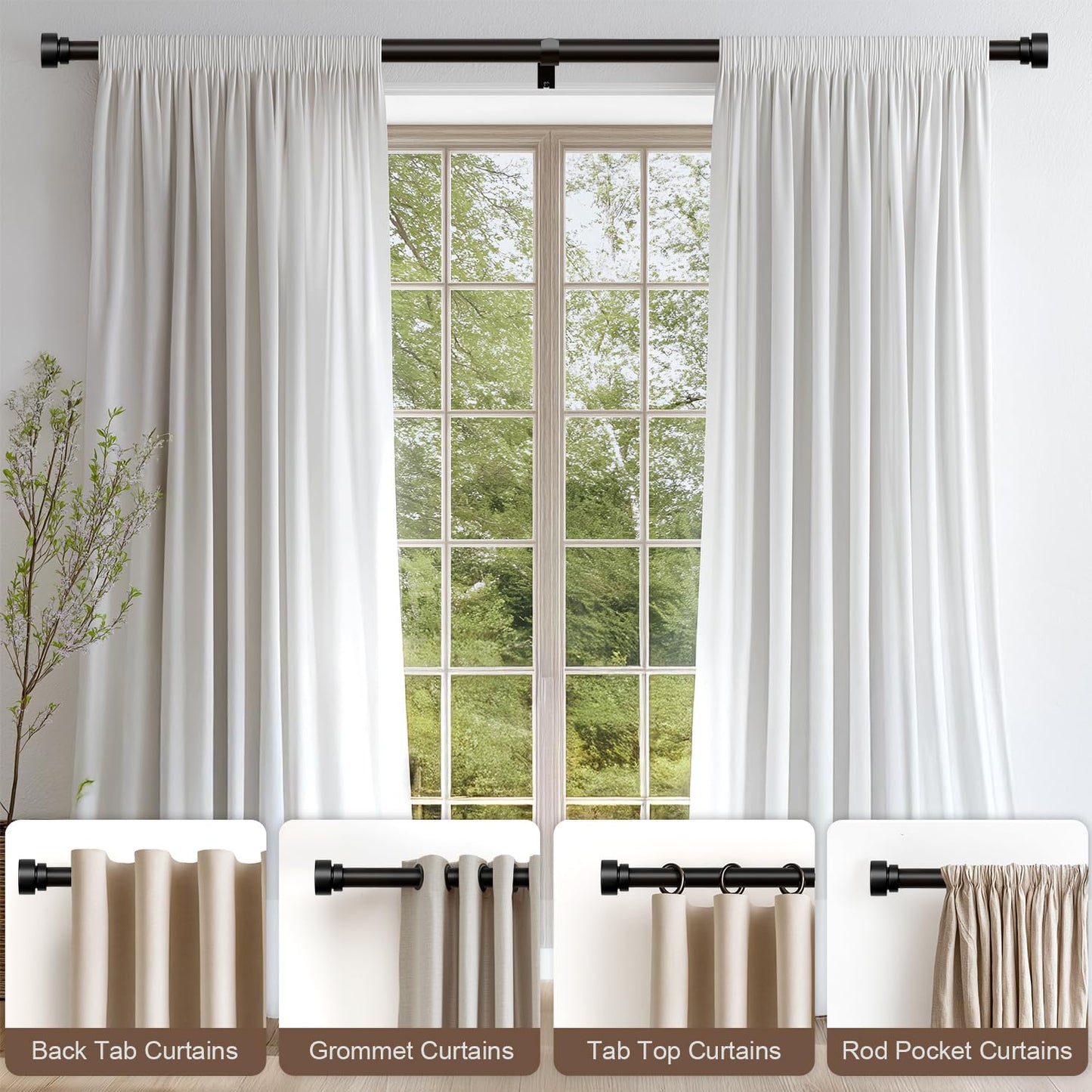 Lootkell 2 Pack Modern Black Curtain Rods Set for Windows 66 to 120 Inches Adjustable Length Heavy Duty 1" Diameter Window Curtain Rod with Decorative Finials for Outdoor Bedroom Kitchen Living Room