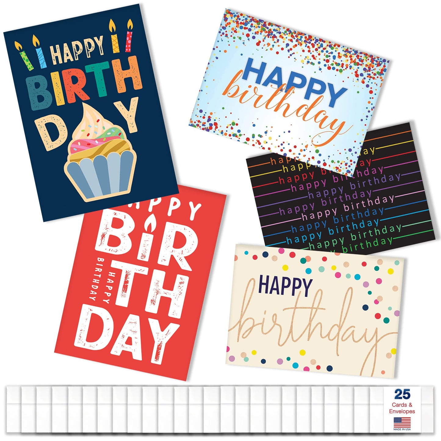 Happy Birthday Cards with Envelopes (25 Variety Pack – 5 Designs) Creative Bulk Birthday Card Set for Family & Business (5x7 inch – A7) Office, Work, Coworkers, Employees, Clients (VP2410) Made in USA