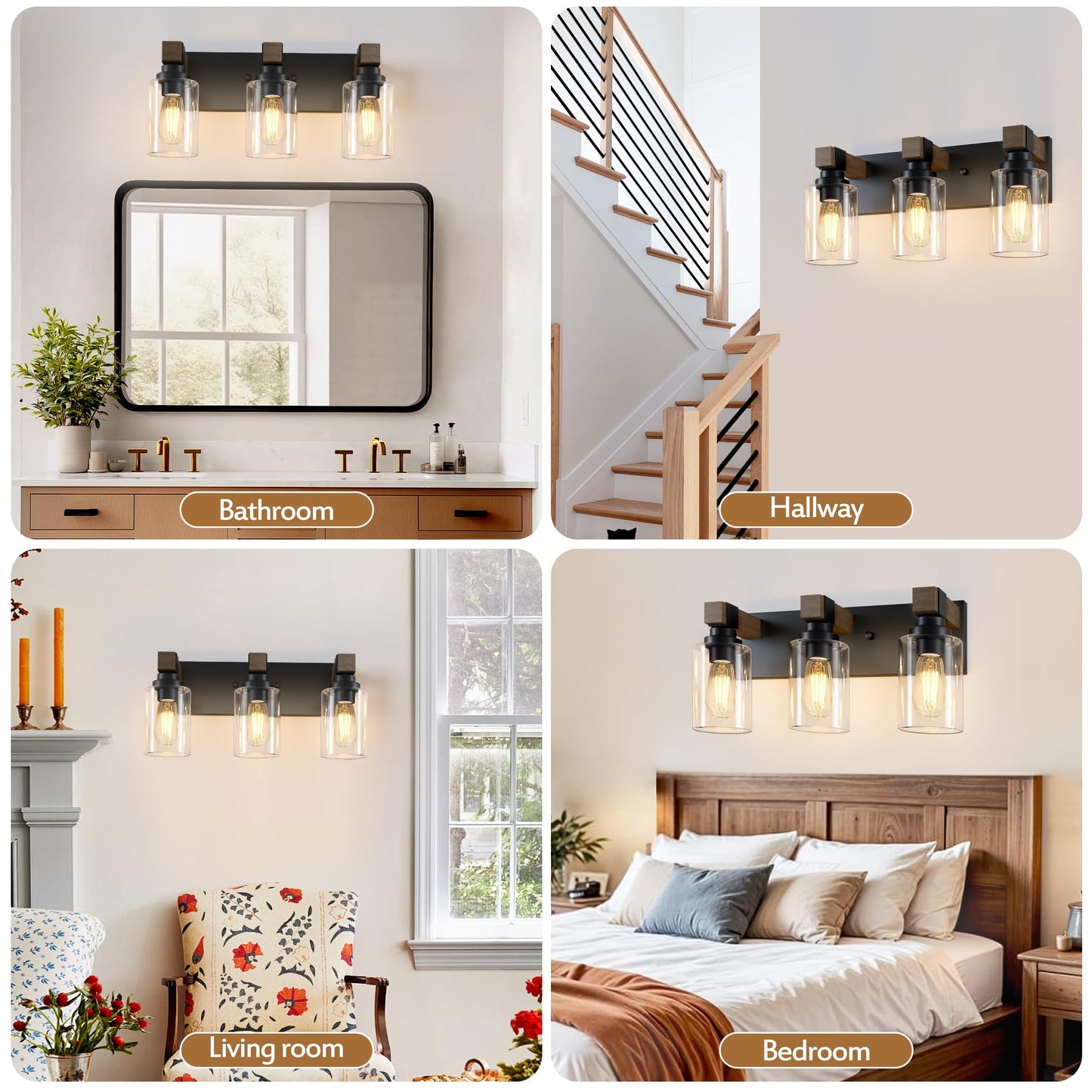 Farmhouse Bathroom Vanity Light Fixtures, Rustic 3-Light Wood Vanity Lights for Bathroom, Vintage Black Wall Sconces Lighting, Light fixtures Over Mirror, with Glass Shade