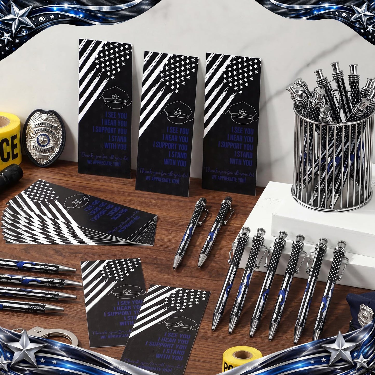Tenceur 100 Sets Police Academy Graduation Gifts Writing Ballpoint Pen and Thank You Bookmark and Bags Police Officer Gifts Bulk for Women Men Policeman Officer Sheriff Law Enforcement