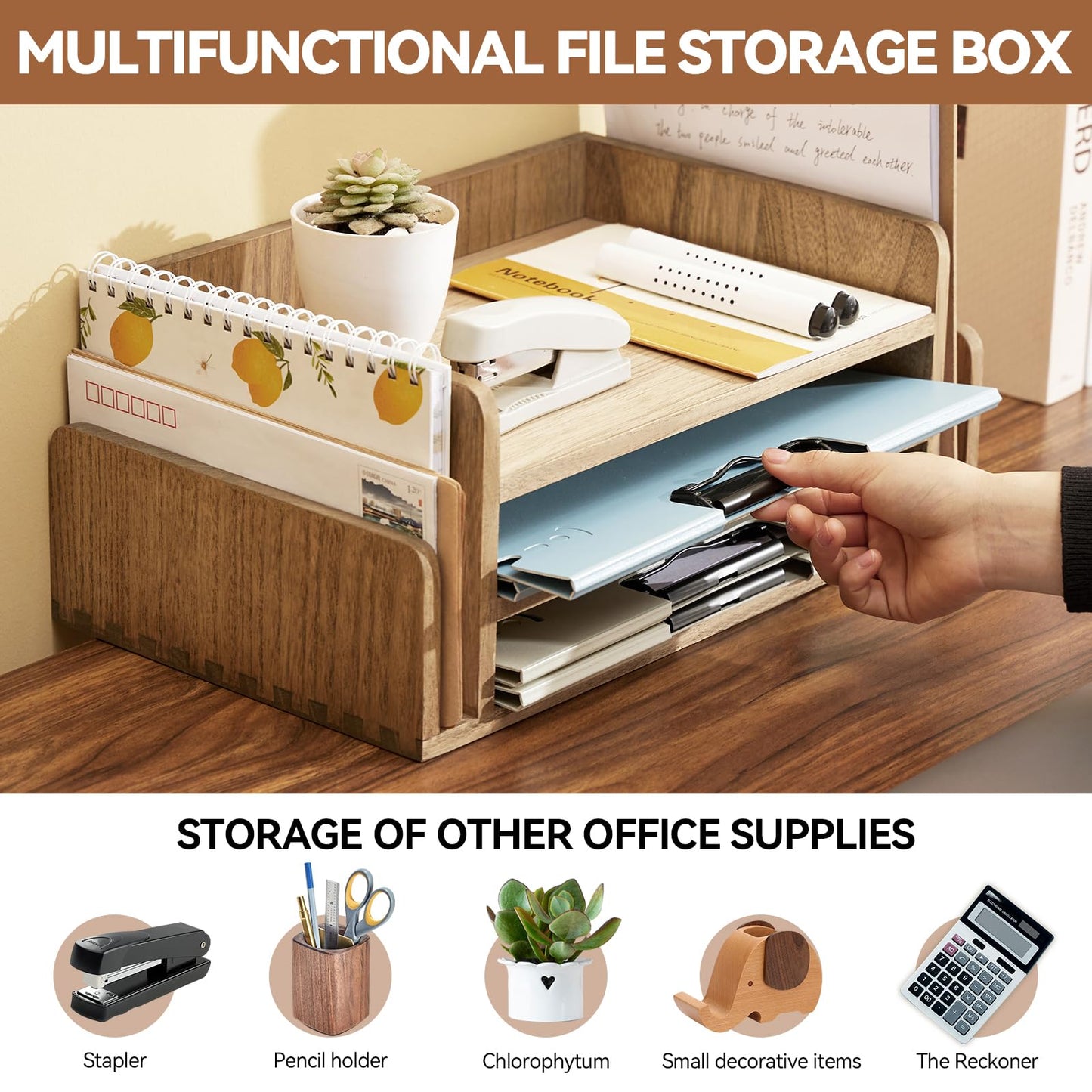 KIRIGEN Wood Desk Organizer 5 Trays, 3-Tier Desktop Document Letter Tray with Side Slots, Fully Assembled Mail Sorter and File Folder Holder for Home Office, Brown 2TP-DBR