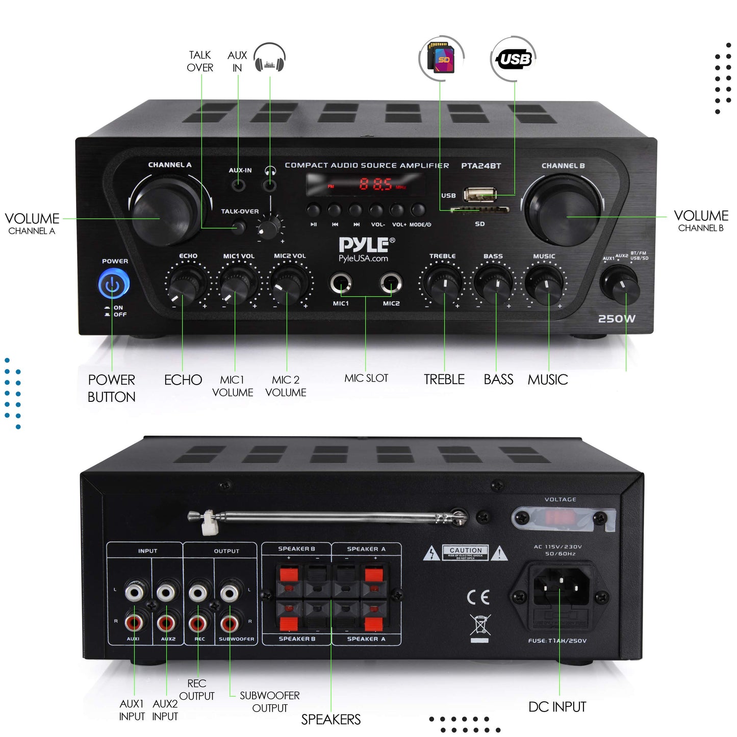 Pyle -Upgraded- 2 Channel Karaoke Home Audio Amplifier w/Bluetooth for Streaming, AUX-in, USB, 2 Microphone Input w/Echo Effect, Talkover for PA, Compact Footprint, Black