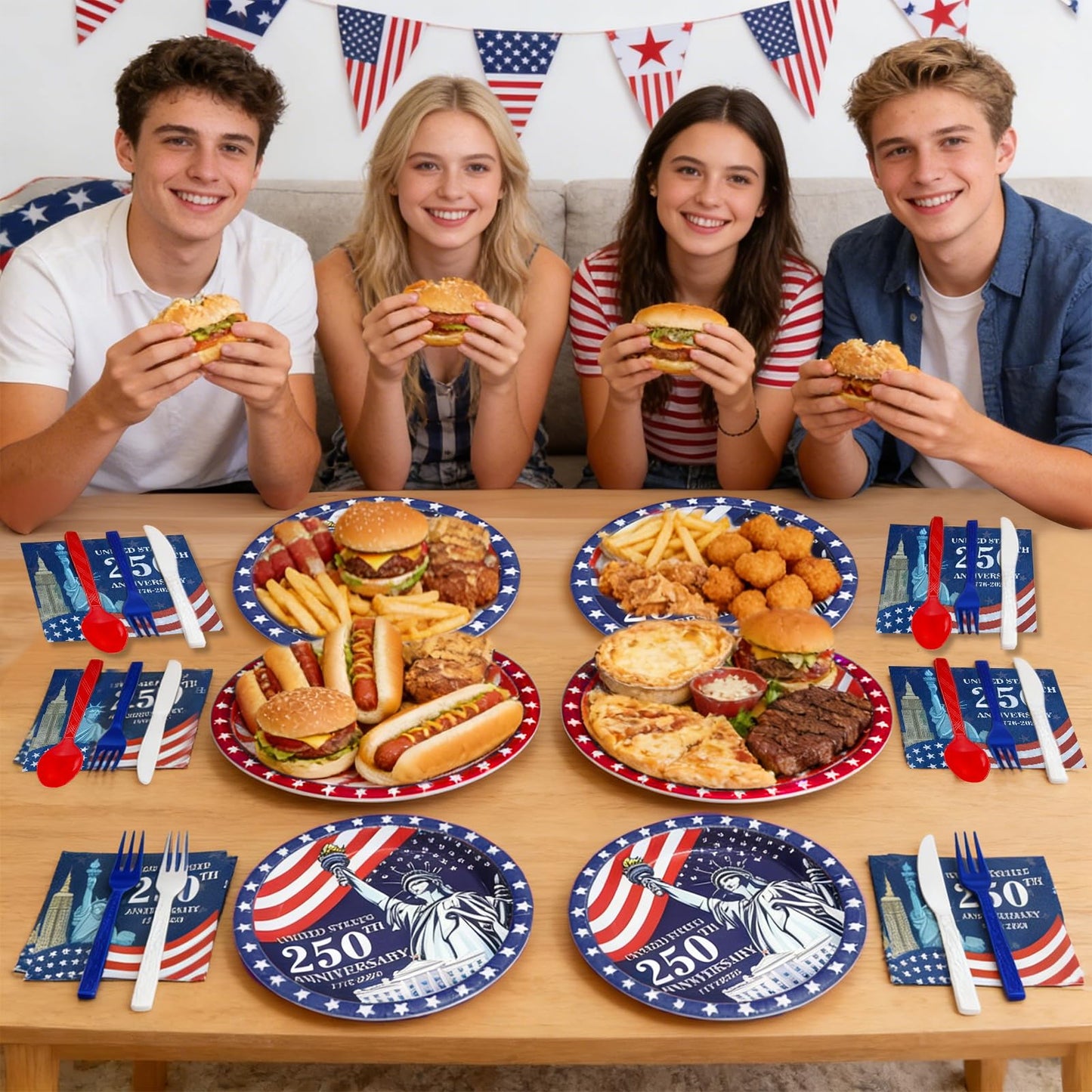 300 Pcs 250th Anniversary 4th of July Decorations American Flag Patriotic Party Supplies Set - Serve 50, 4th of July Disposable Paper Plates Napkins Cutlery Knives Forks Spoons Red White Blue Decor