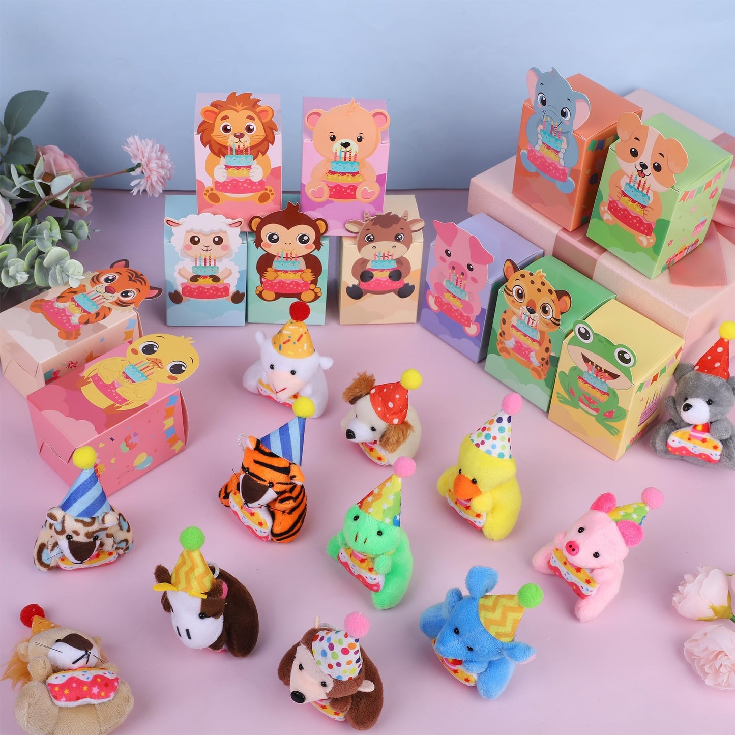 MOVING EARS 24 Pack Birthday Gifts Small Stuffed Animals Assorted Card Boxes Mini Animal Toys Keychains Bulk for Classroom Exchange Party Favor School Teacher Student