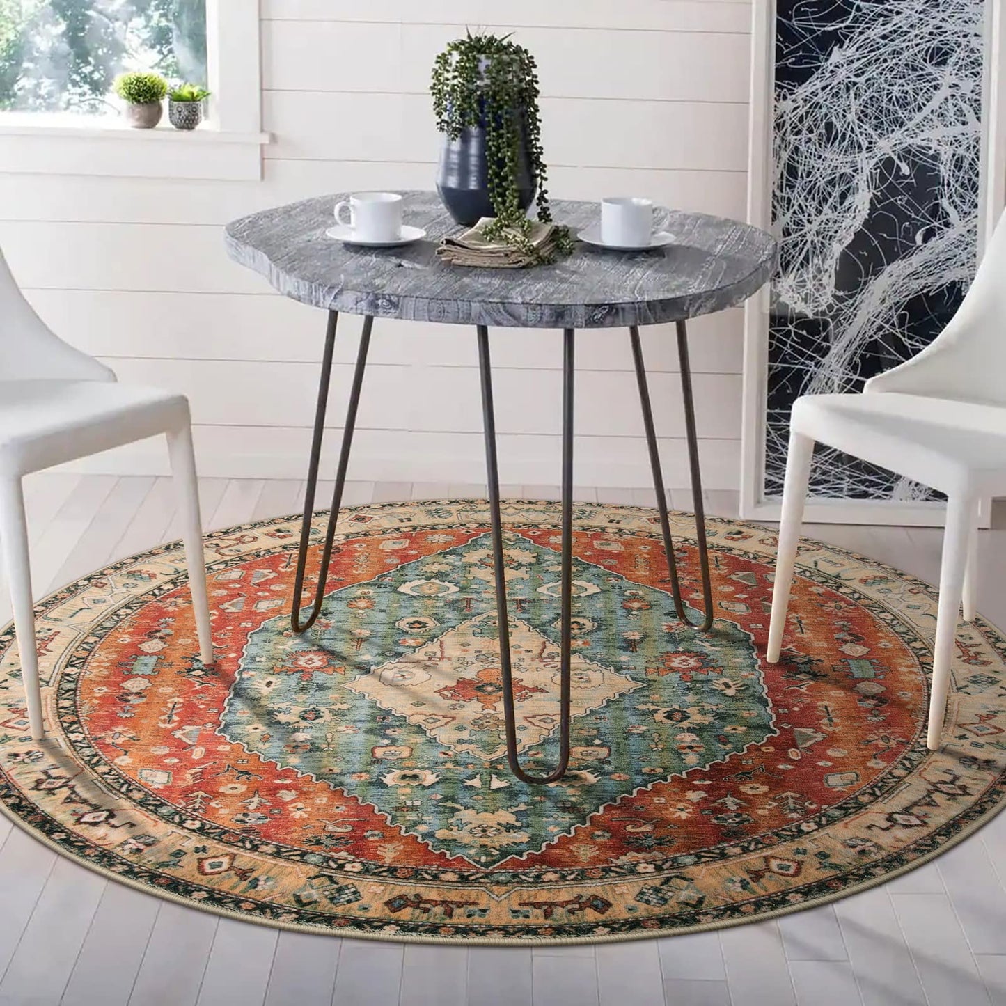 Lahome Boho Tribal Round Rug 4ft Washable Bedroom Round Area Rugs for Entryway, Soft Living Room Circular Rugs, Oriental Non-Slip Foyer Throw Mat Carpet for Nursery Kitchen (Rust/Dull Teal,4ft-Round)