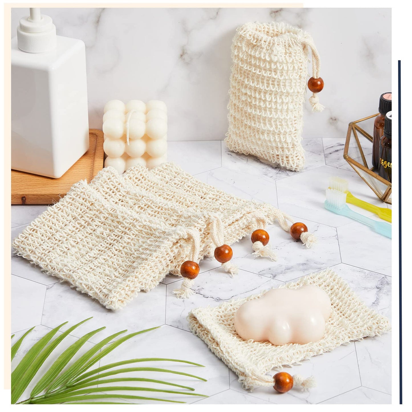 Cunhill 80 Pack Sisal Soap Saver Bag Exfoliating Soap Pouch with Drawstring Bar, Wooden Bead Foaming and Drying Exfoliating Net for Bath and Shower