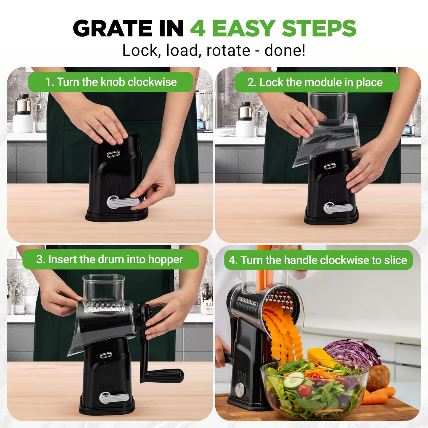 NutriChef 5 in 1 Cheese Grater & Shredder | 5 Different Blades for Thin, Thick, Julienne Strips, Wavy, & Straight Strips | Includes Hand Crank, Strong Suction Base & Storage Container | Black