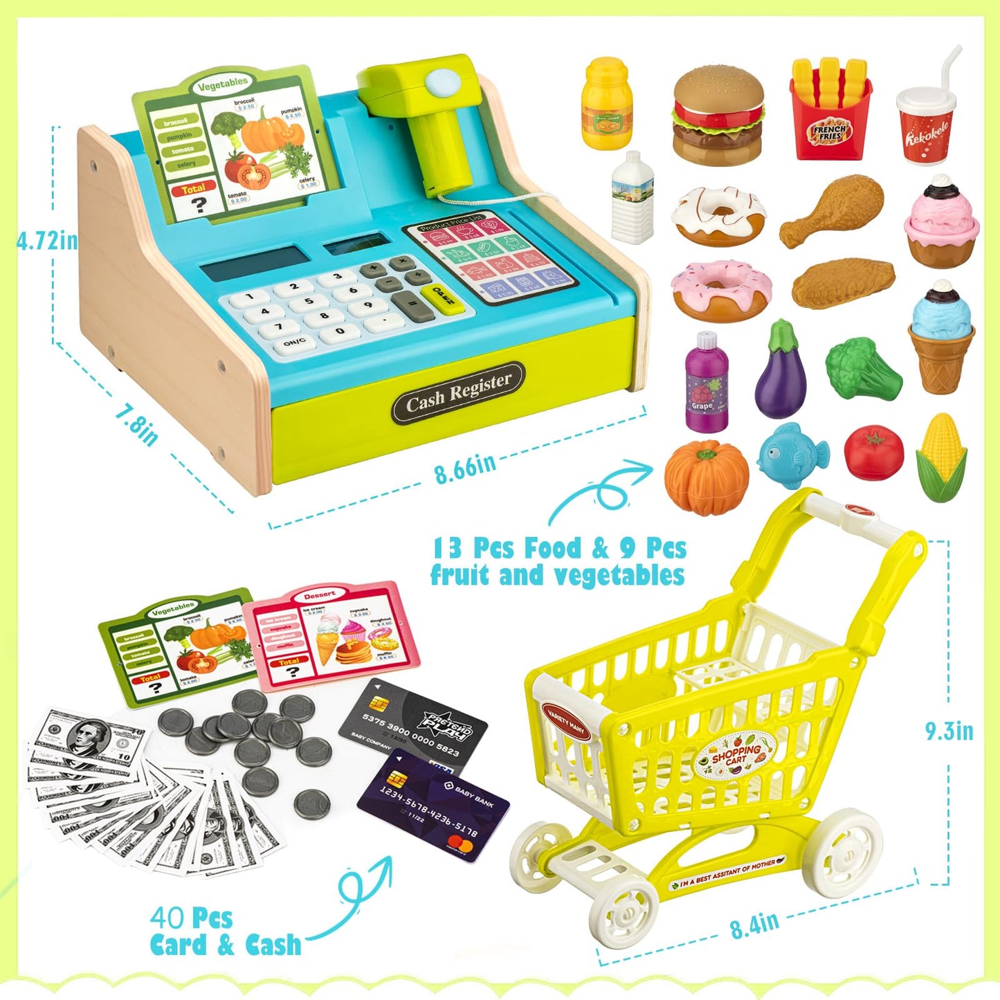 Wooden Cash Register for Kids with Shopping Cart Rechargeable Kid Cash Register with Scanner Gift for Kid Age 3 4 5 6 7 8 9 Year Old Pretend Play for Toddlers Toys for 3-12 Year Old Kids