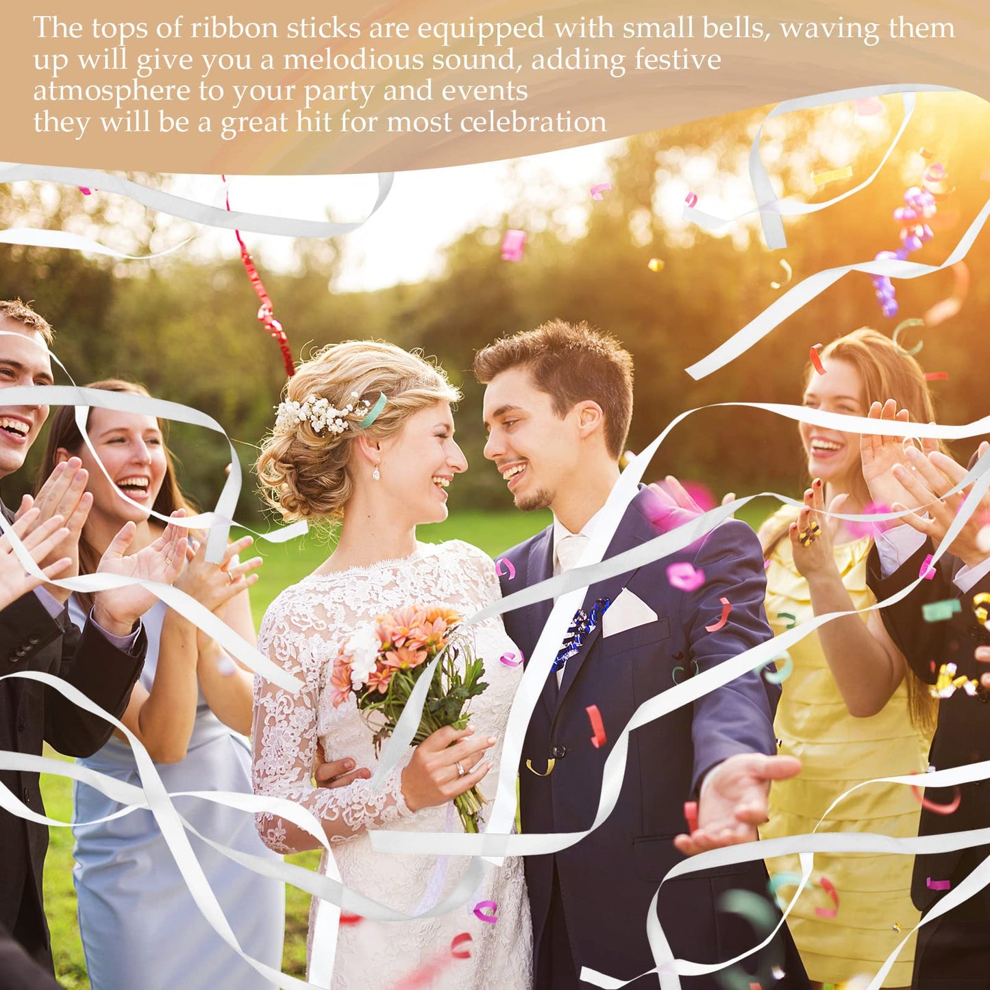 Chalyna 100 Pieces Lace Ribbon Wedding Sticks Colorful Ribbon Streamers Party Streamers with Bells Silk Fairy Stick Wands for Wedding, Party, Holiday, Activities(White)