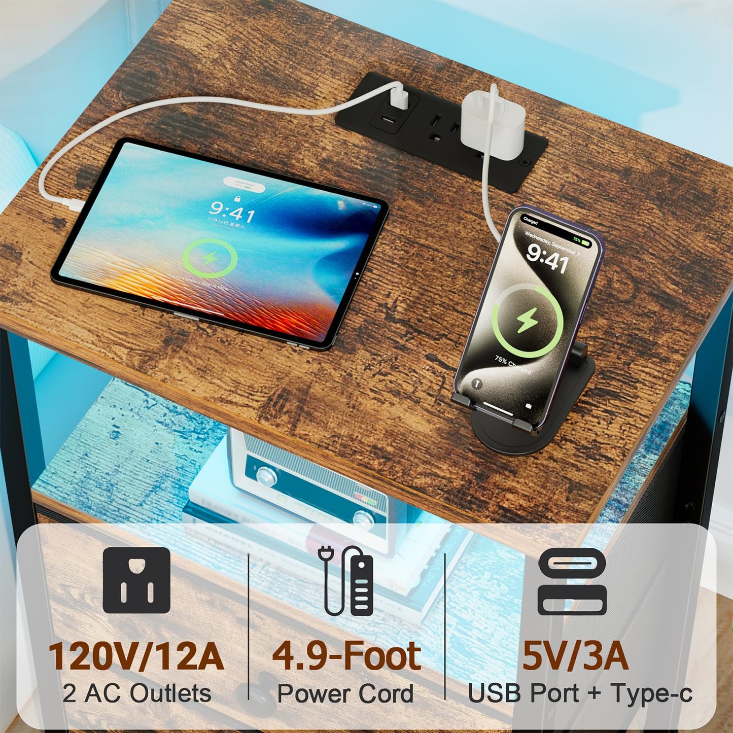 LOAKEKEL Night Stand with Charging Station, Small Bedside Table with USB Ports & Outlets, LED Nightstand with 2 Fabric Storage Drawers PU Finish for Bedroom, Brown, HETS02BR-1