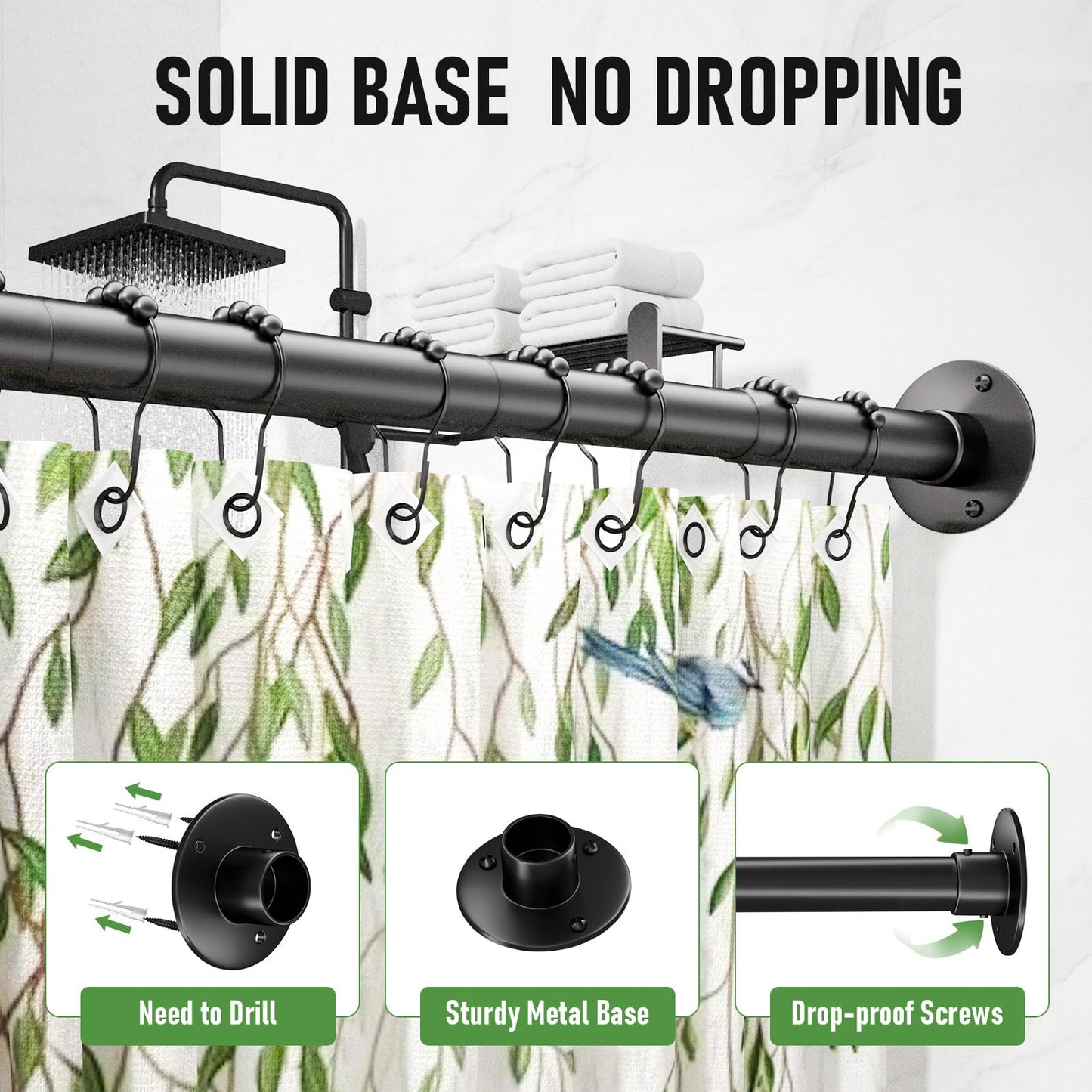 U Shaped Shower Curtain Rod, [Both Sides: 23"-52", Middle: 31"-46.5"] Adjustable U Shape Shower Rod Black Outdoor Corner Curtain Pole for Bathroom Bathtub with Ceiling Support & 12 Hooks