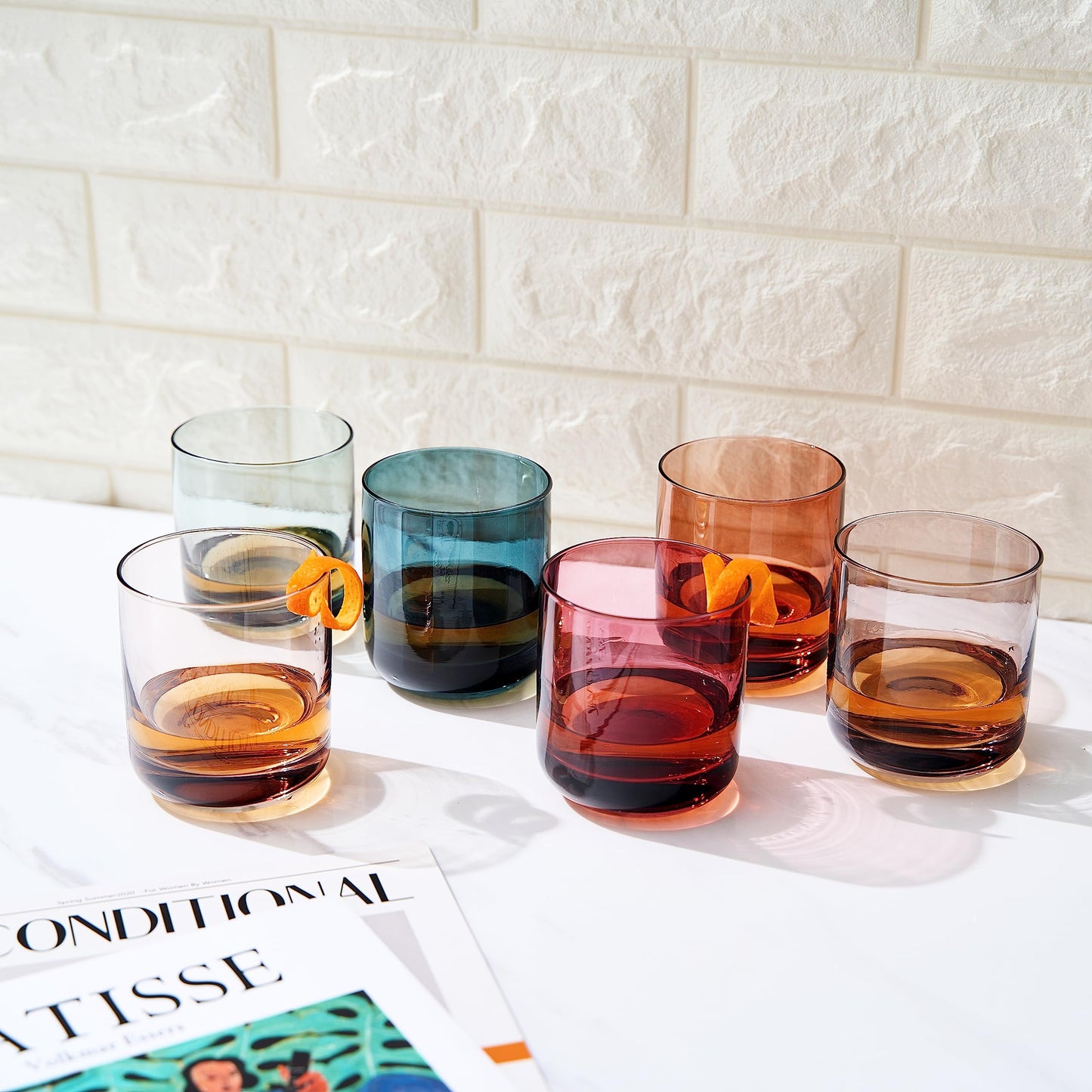 Khen Colored Old-Fashioned Drinking Glasses | Set of 6 | Large 9.6oz Art Deco Stemmed Muted Martini Classic Whiskey, Champagne, Cocktail, Margarita, Martini Wine Glass, Gift Idea, Muted Pastel Colors