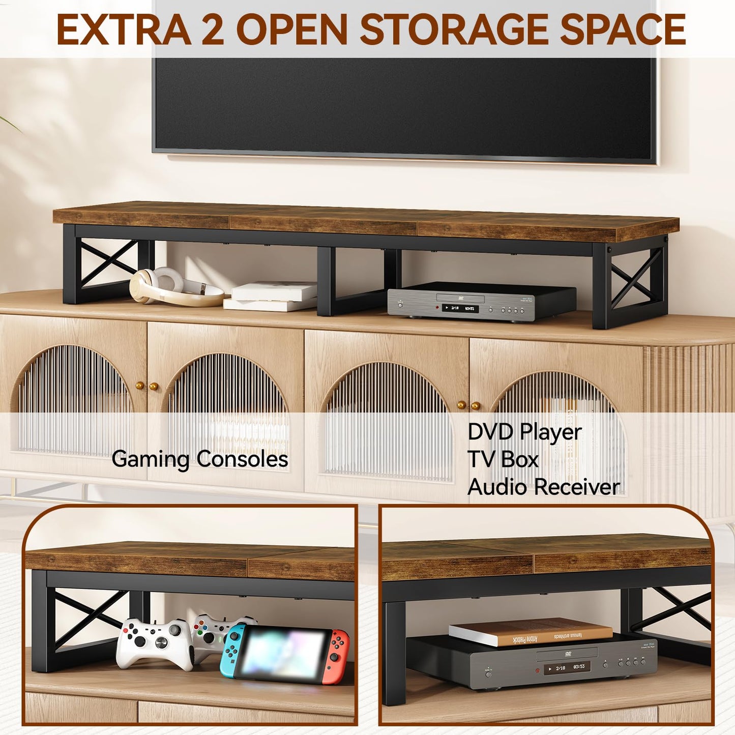 IBUYKE 45" Large TV Riser for 32-60 inch TV,Tabletop Short TV Stand with Storage and Steel Legs,Dual Screen Office Desk,Stand Riser,TV Riser Stand for Home,Bedroom,Living Room,Rustic Brown TVT002H