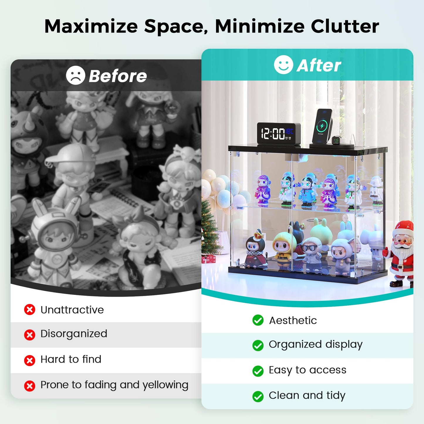Dystler Lighted Clear Glass Display Case - for Figures & Collectibles, Small 2-Tier Display Cabinet with Charging Station, LED Display Box with Lights & Human Sensor, for Model Car, Perfume, Black