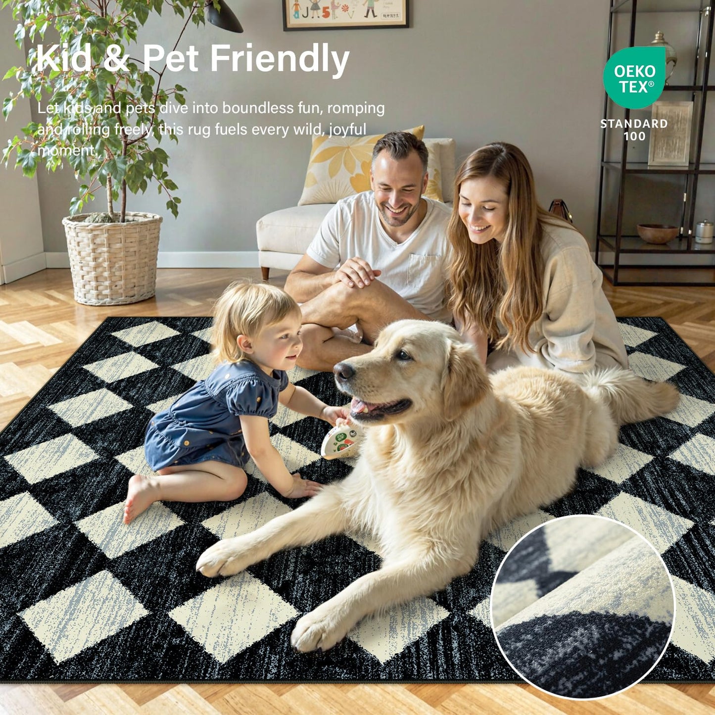 Lahome Machine Washable Area Rugs for Bedroom Aesthetic, 4x6 Soft Living Room Area Rug Non Slip Entryway Rugs, Moroccan Trellis Printed Black and White Indoor Kitchen Carpet for Bedside Office