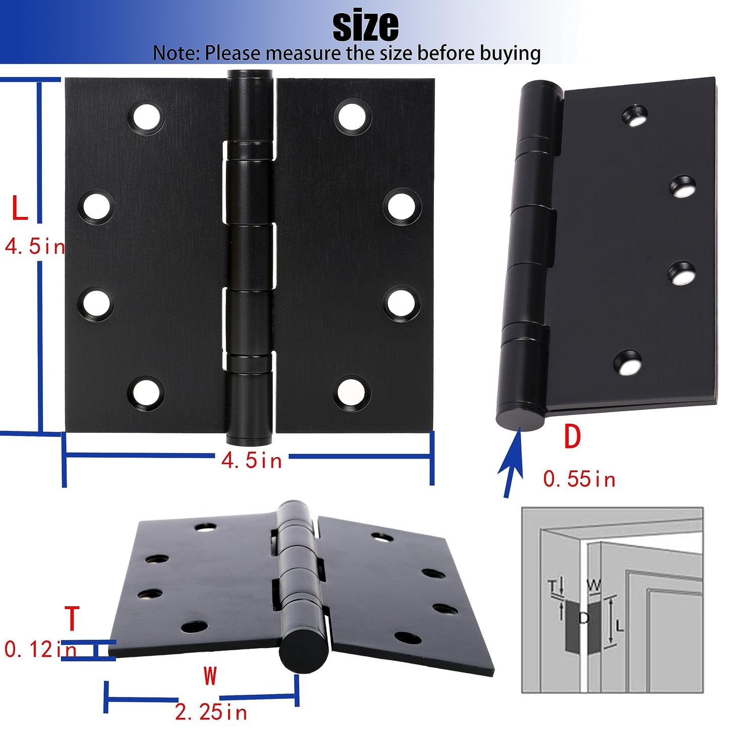 6-Pack 4.5 X 4.5 inch Black Heavy Duty Commercial Door Hinges Thickened, Silent Plain Steel Ball Bearing Door Hinges, Thickness 3 mm Stainless Steel Square Corners with 48 Screws