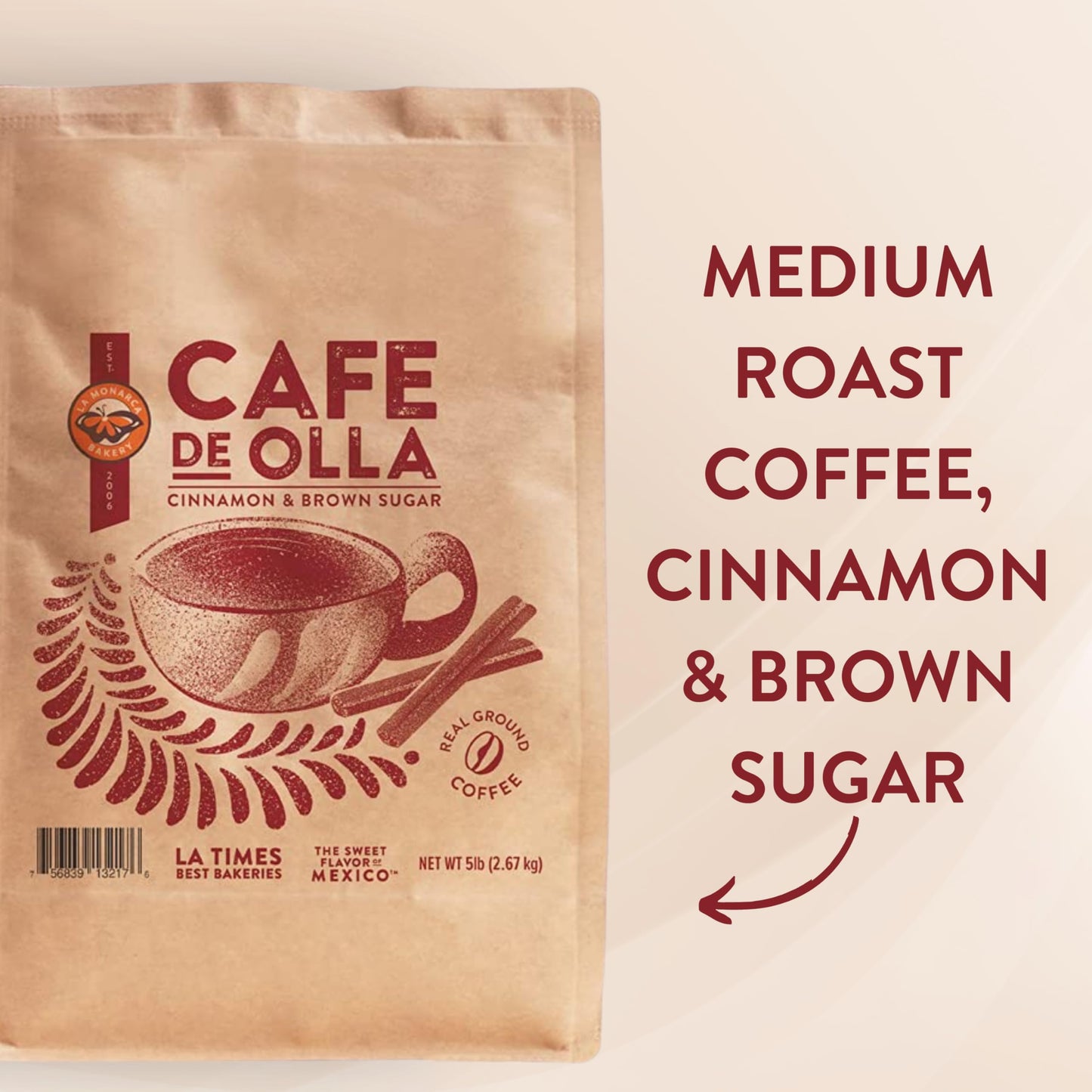 Café De Olla Ground Coffee, 5 Pounds, Cinnamon and Brown Sugar Spiced Mexican Dark Roast Coffee by La Monarca Bakery