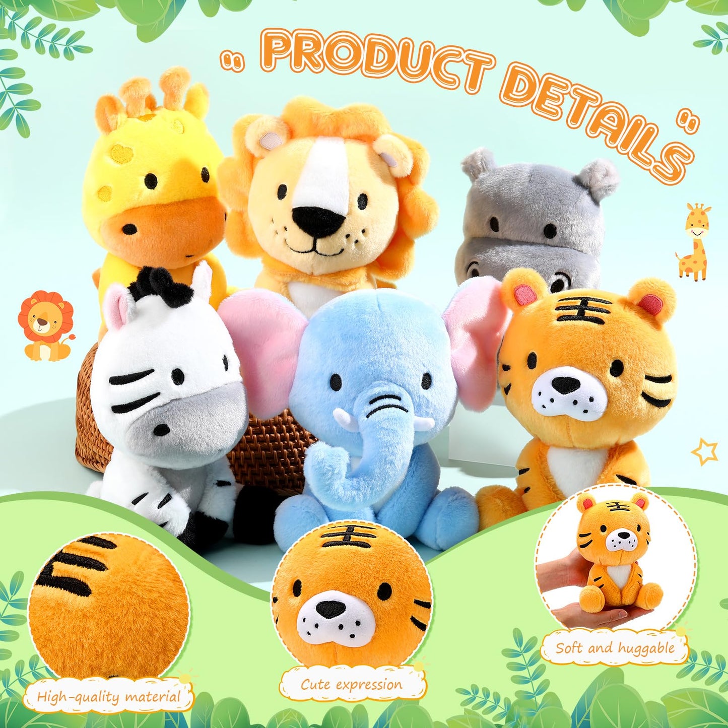 RoundFunny 6 Pcs Small Stuffed Safari Animals Bulk, 7 Inch Jungle Animals Stuffed Toys, Adorable Plush Lion Zebra Giraffe Tiger Hippo Elephant for Baby Shower Safari Jungle Themed Party Student Award