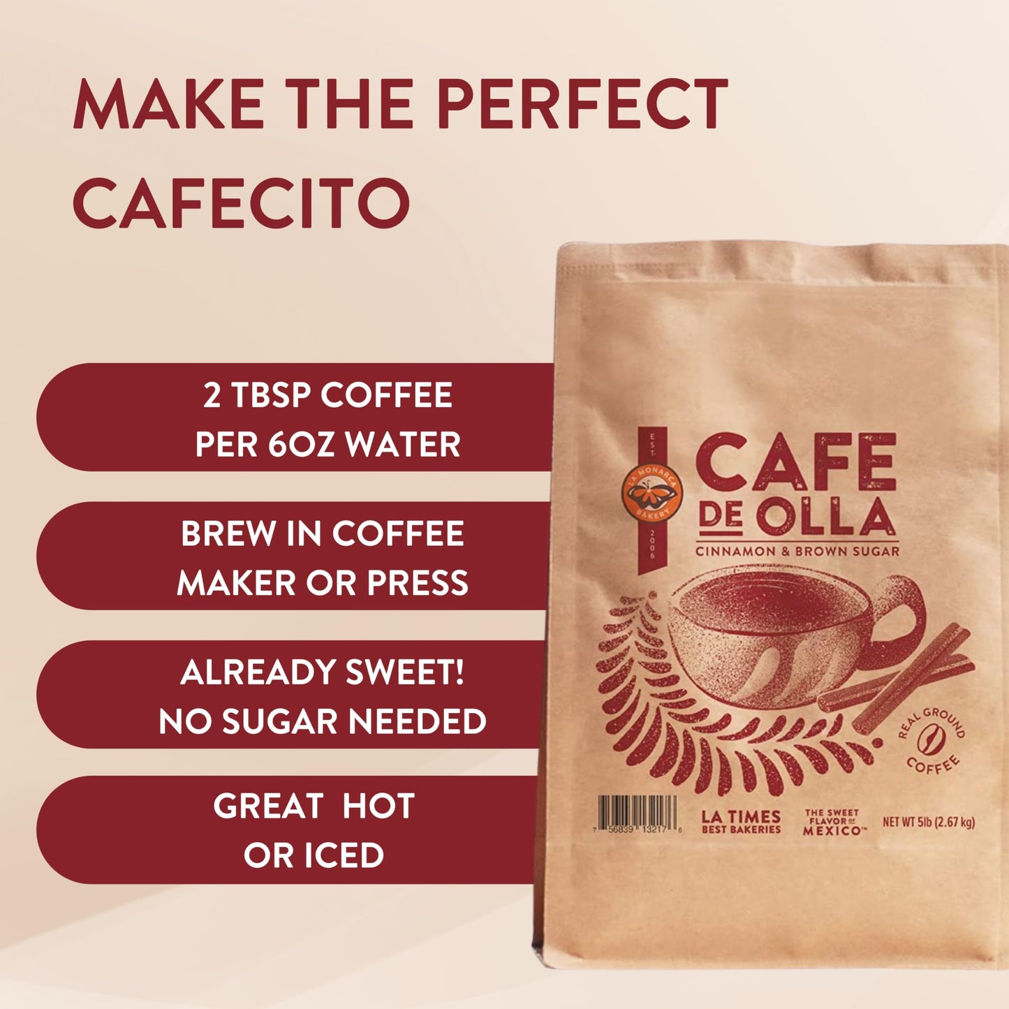 Café De Olla Ground Coffee, 5 Pounds, Cinnamon and Brown Sugar Spiced Mexican Dark Roast Coffee by La Monarca Bakery