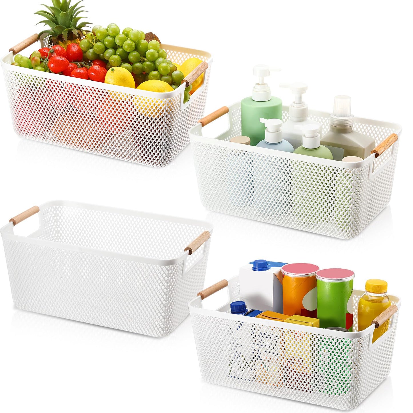 Tioncy 4 Pcs White Mesh Baskets with Wooden Handles Plastic Storage Organizer Baskets Pantry Basket Fruit Vegetables Gathering Basket Bin for Organizing Cabinet Closet Bedroom Kitchen(Large)