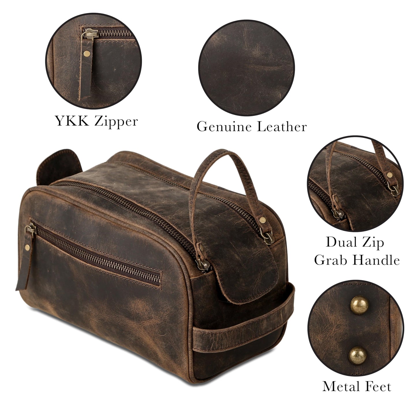 Premium Buffalo Leather Dopp Kit Toiletry Bag – Rustic Vintage Style Travel Organizer with Zipper Closure – Leather Shaving Bag for Men & Women and Spacious with Easy Carry Handle