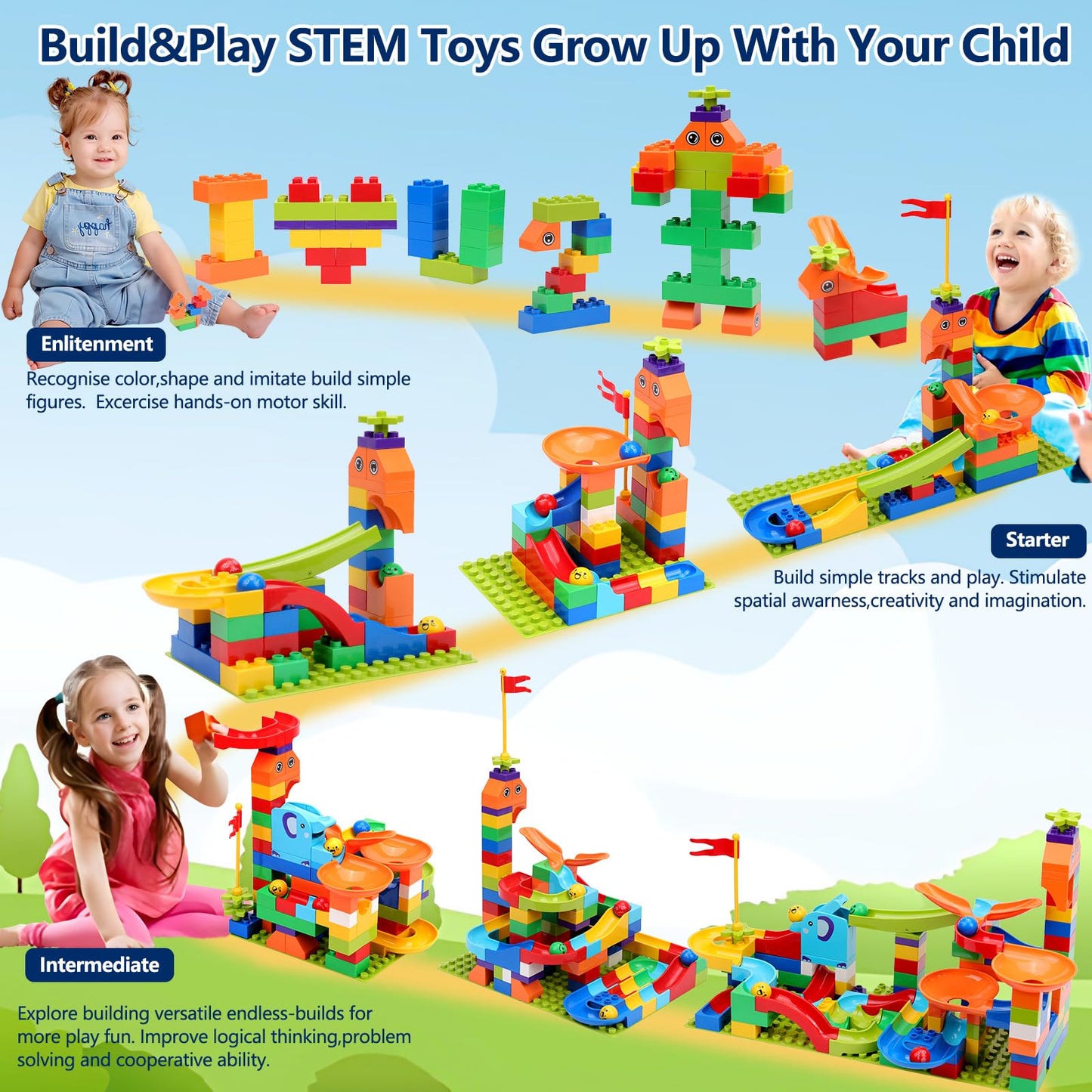 COUOMOXA 130 Pcs Launch Marble Run Building Blocks Classic Big Blocks STEM Toys Bricks Set Kids Race Track Compatible with All Major Brands Montessori Learn Resource Gift for Boys Girls Toddler Age 3+
