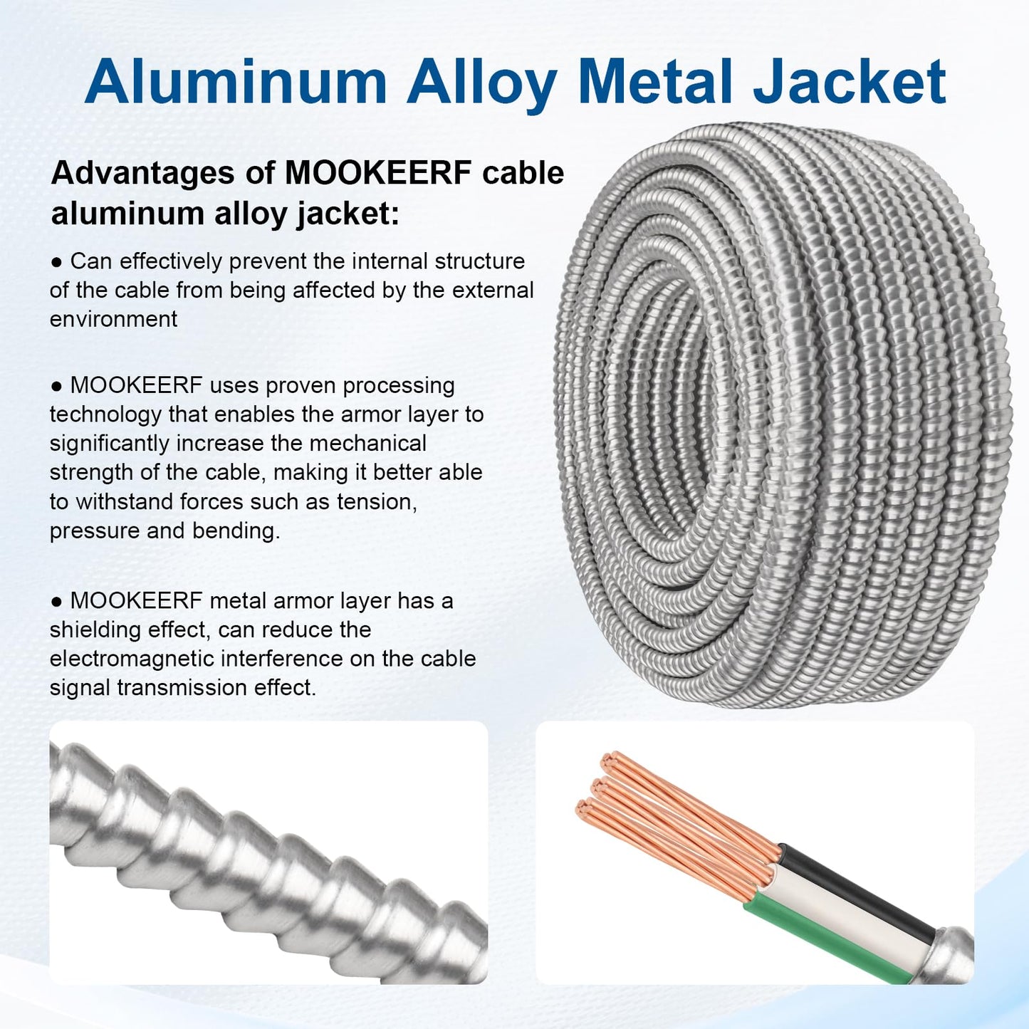 6/2 MC Cable with Ground - 25FT Pure Copper 6AWG/2 Metal Clad Wire with Aluminum Armor 6 Gauge 2 Conductor Type MC Alum Cable