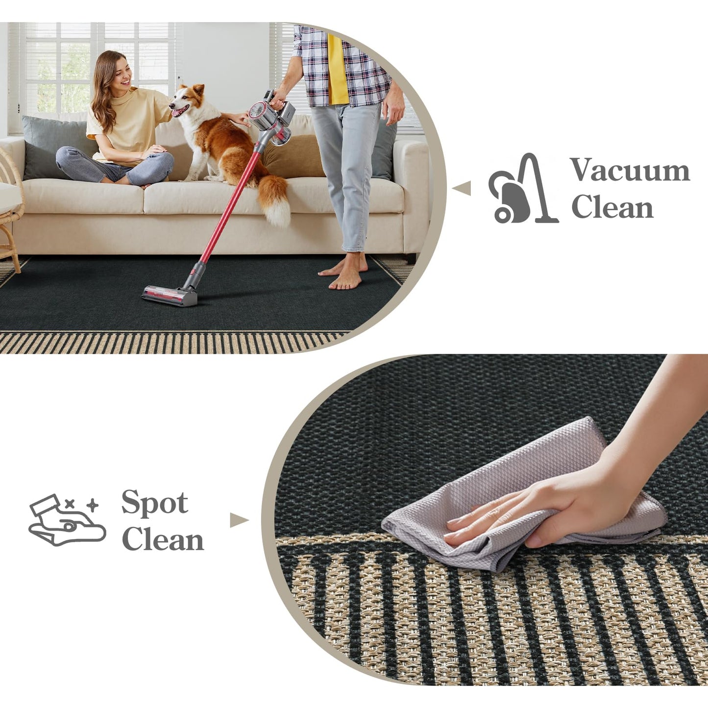 Moynesa Striped Border Easy Jute Outdoor Rug 5x7 Area Rugs for Living Room, Washable Indoor Outdoor Patio Rug Non Slip Low Pile, Black Farmhouse Carpet for Backyard Bedroom Dining Room
